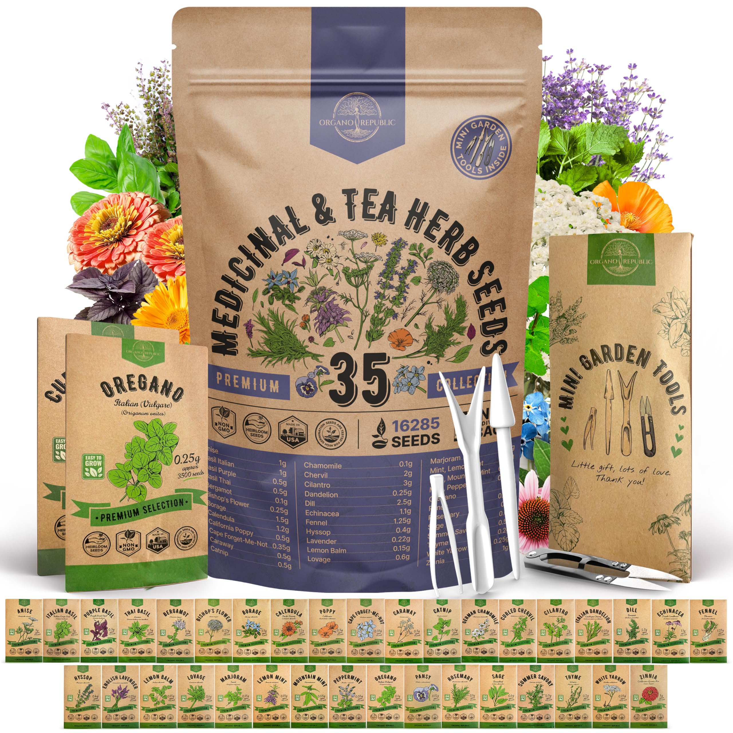 35 Medicinal & Tea Herb Seeds Variety Pack for Planting Indoor & Outdoors. 8200+ Non-GMO Heirloom Herbal Garden Seeds: Anise, Bergamot, Borage, Cilantro, Chamomile, Dandelion, Rosemary Seeds & More