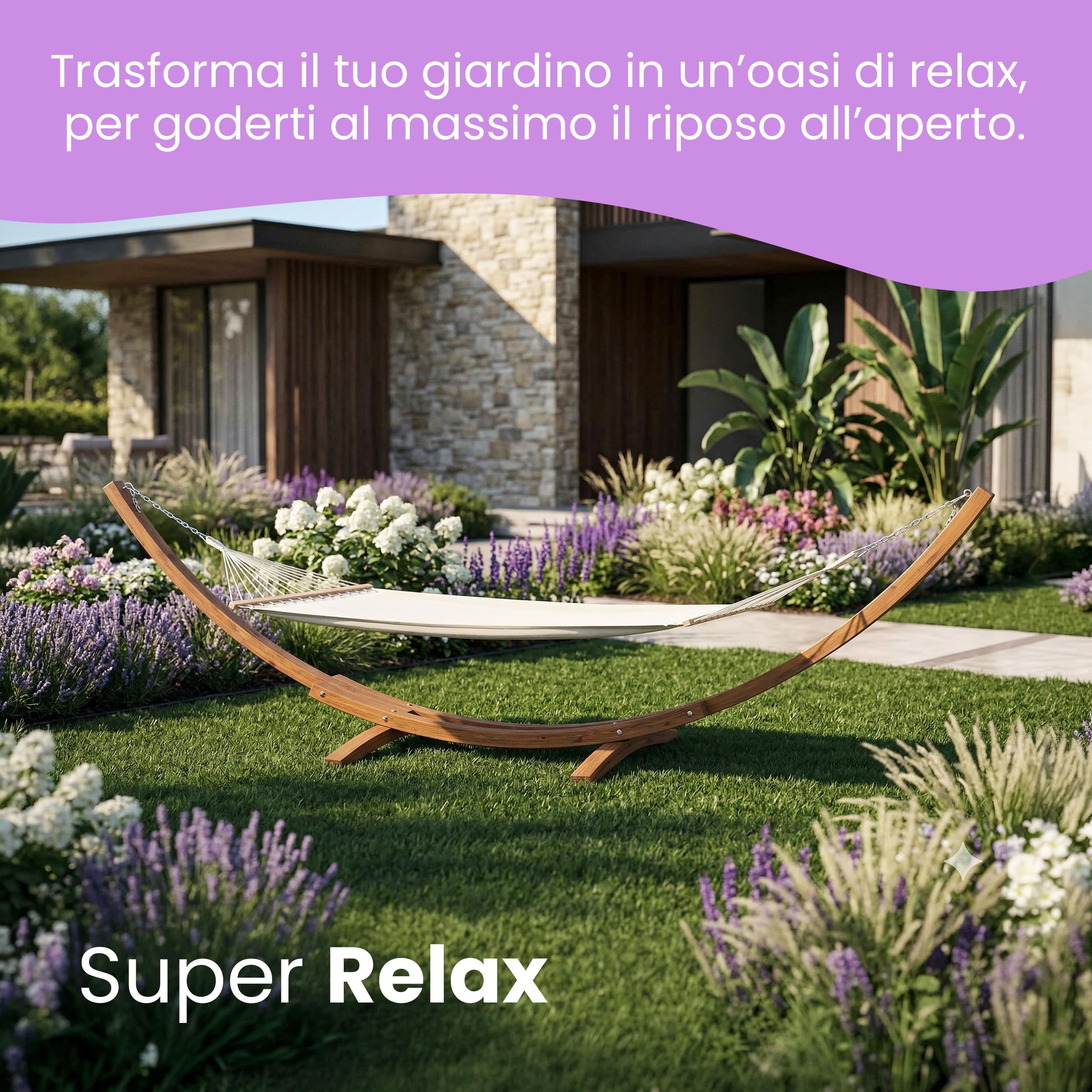 Amaca da Giardino con Supporto in Legno da Esterno Dimensioni 320 X 100 X 110 H Fino a 150 kg