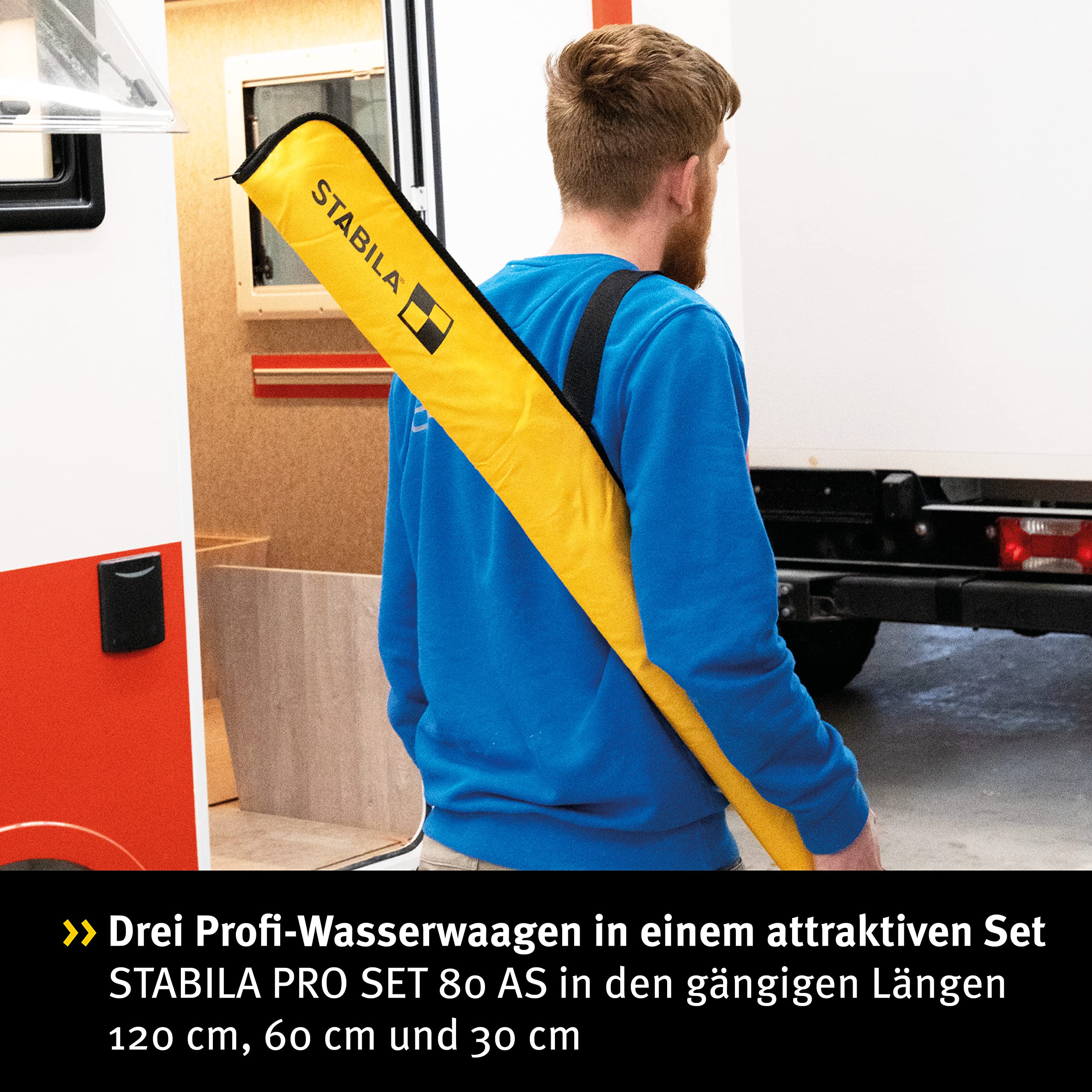 STABILA PRO SET 80 AS, 4-teiliges Wasserwaagen-Set: 120 cm / 60 cm / 30 cm/Tasche, verstärktes Alu-Profil, integrierte Rutsch-Stopper, Made in Germany, Gelb