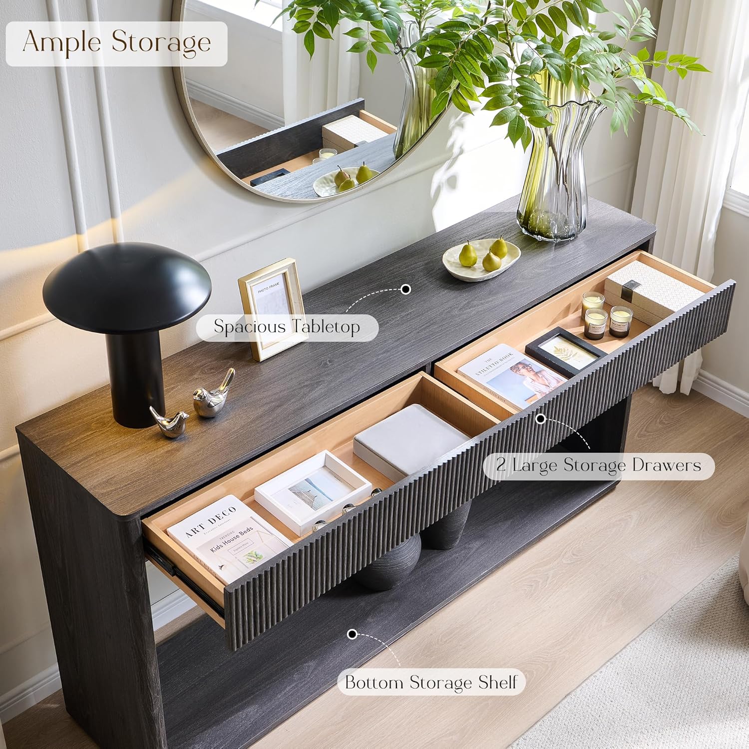 OKD 63" Fluted Console Table for Entryway, Modern Entryway Table with 2 Large Drawers, Long Sofa Table Behind Couch for Living Room, Hallway, Couch, Foyer,Dark Alder - Image 6