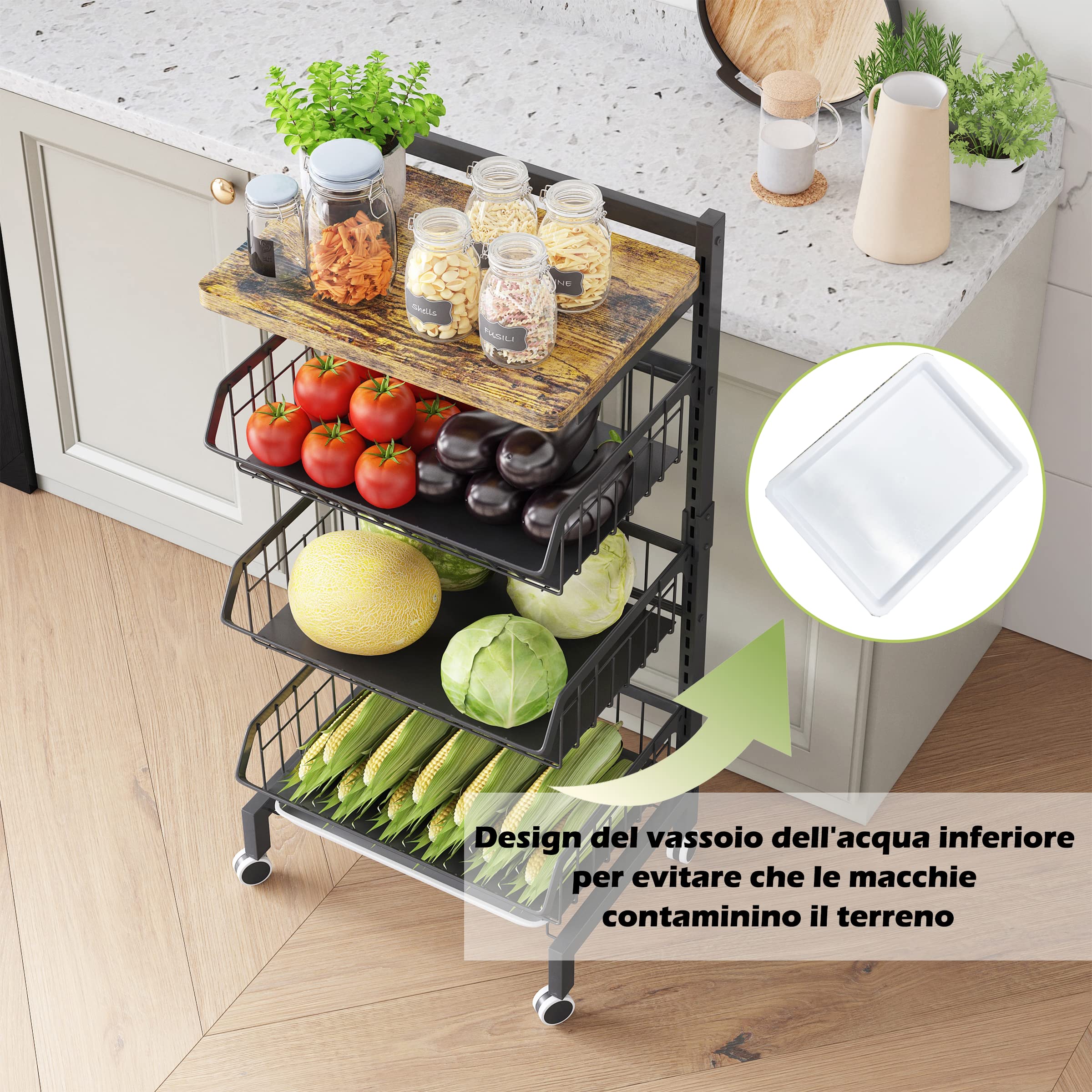 COVAODQ Mensola per Verdure da Cucina, impilabile per Frutta Verdura, Carrello da Cucina, con Ruote bloccabili e Piastra, per Bagno, Cucina, Ufficio(Tavola)