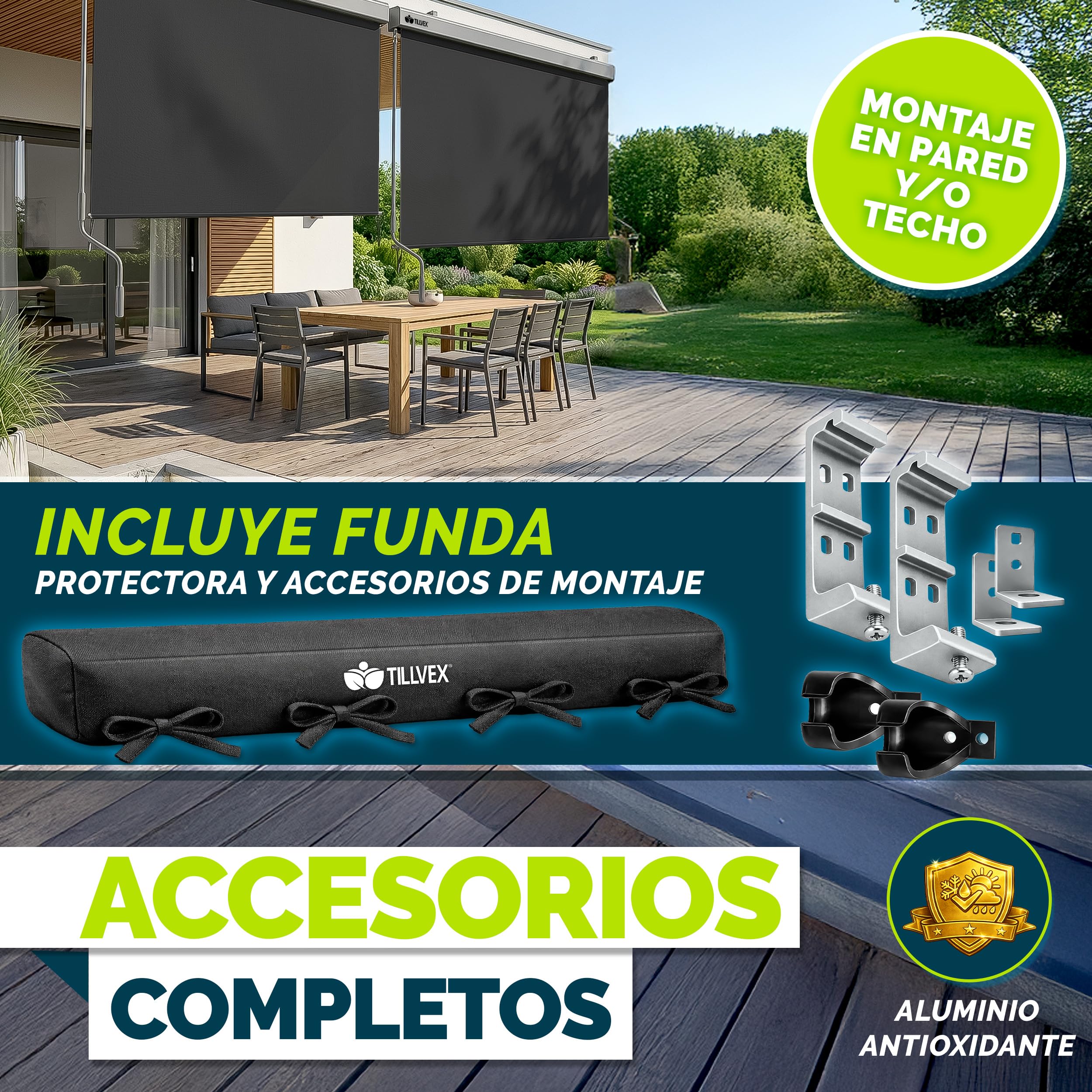 tillvex® Toldo Vertical de 200 x 250 cm para Exterior e Interior con Cubierta | Resistente al Agua con manivela para balcón, terraza y jardín | Estor para balcón, protección Solar de Aluminio