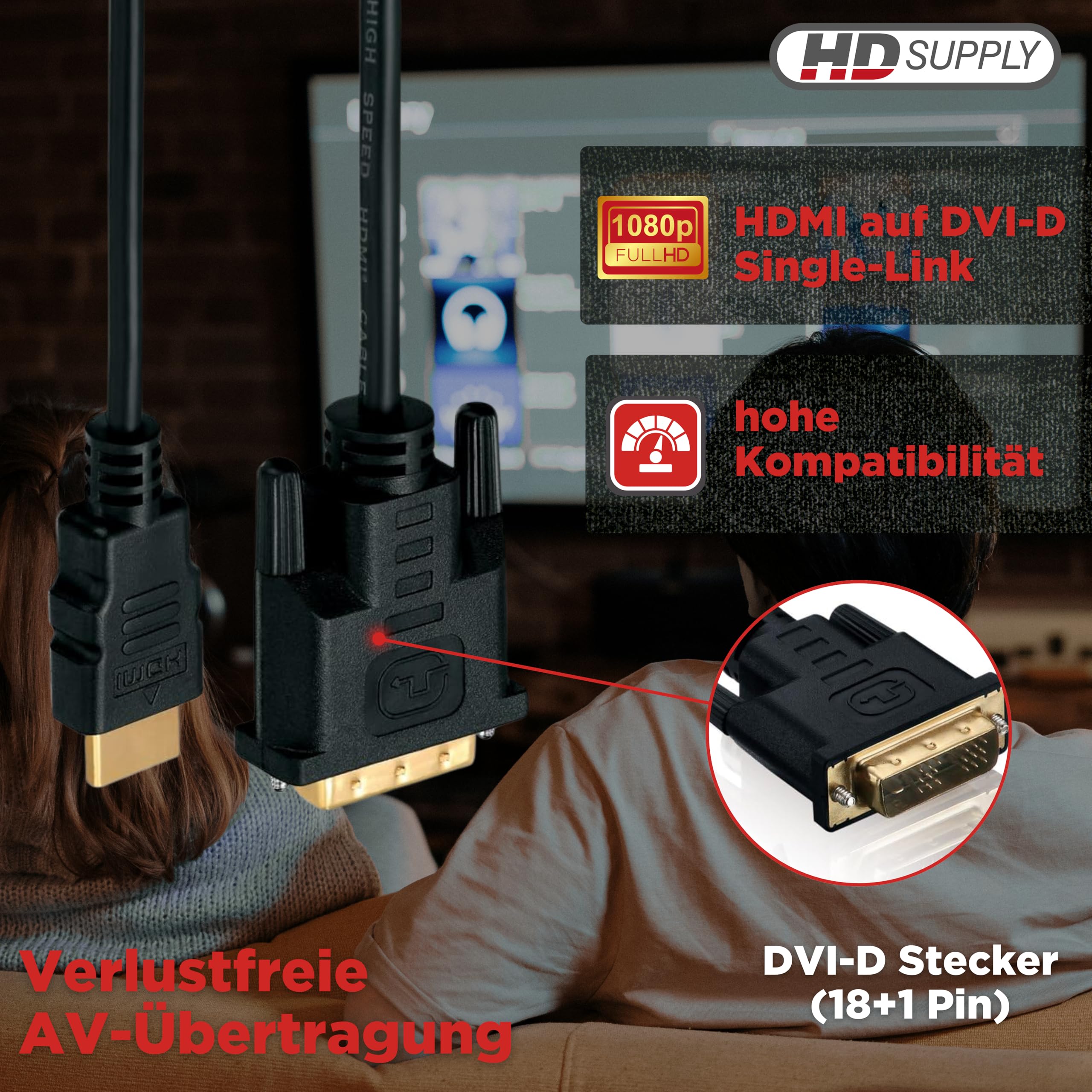 HDSupply Kabel HDMI o wysokiej prędkości z Ethernetem, HDMI A męski na DVI 18+1, podwójnie ekranowane, pozłacane styki