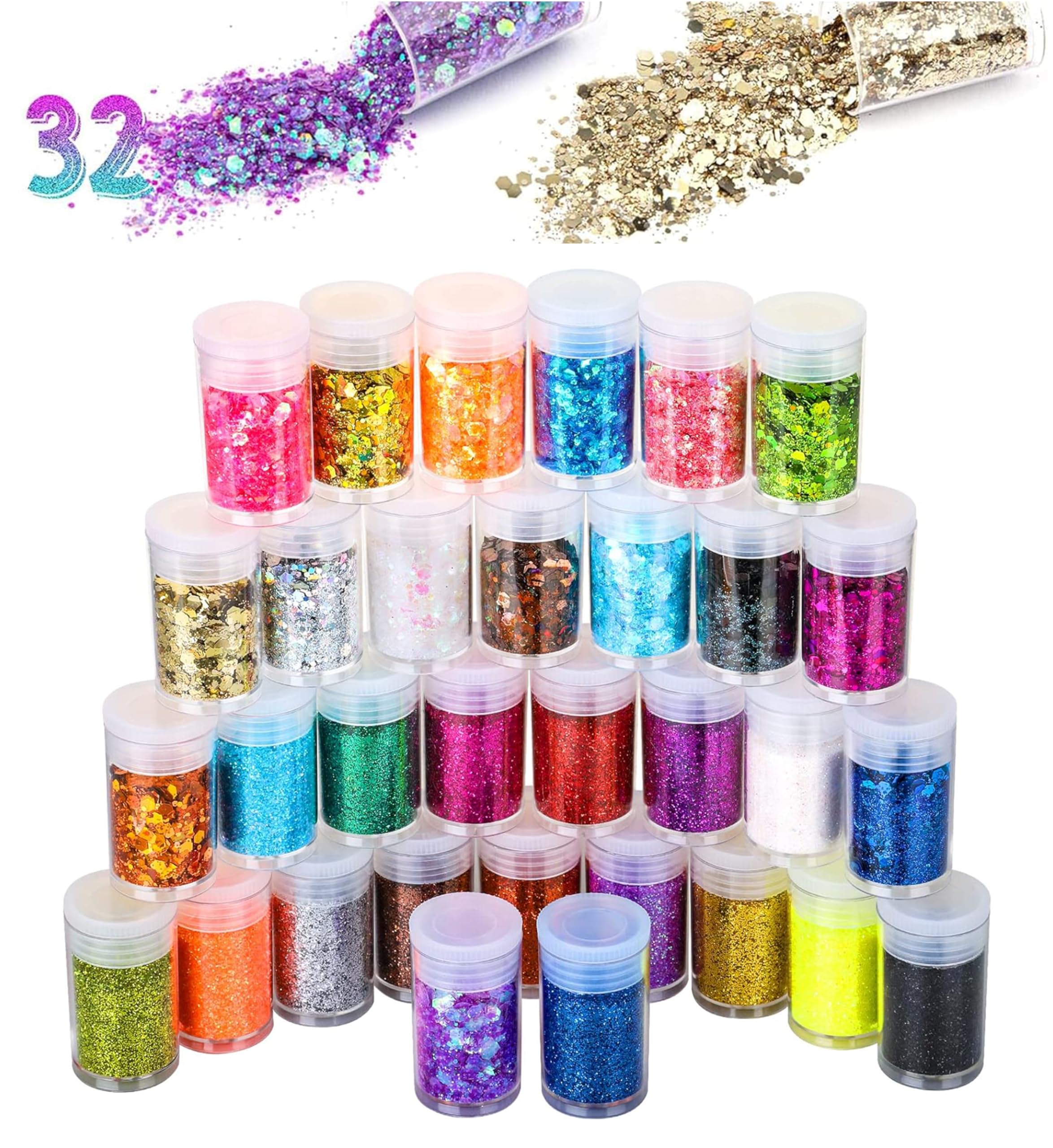 EVOKK 32pcs Fine & Chunky Glitter Mix – Extra Fine & Holographic Glitter Powder for Crafting, Resin, Nail Art, Body Glitters, DIY Projects, Scrapbooking, Christmas Decorations, Art & Crafts Supplies