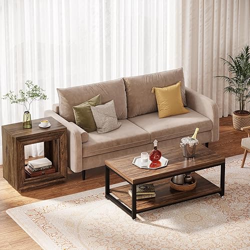 Miniatura 7 de Tribesigns Mesa auxiliar de madera rústica, mesa auxiliar cuadrada de 2 niveles con estante de almacenamiento, mesa auxiliar industrial para sala de