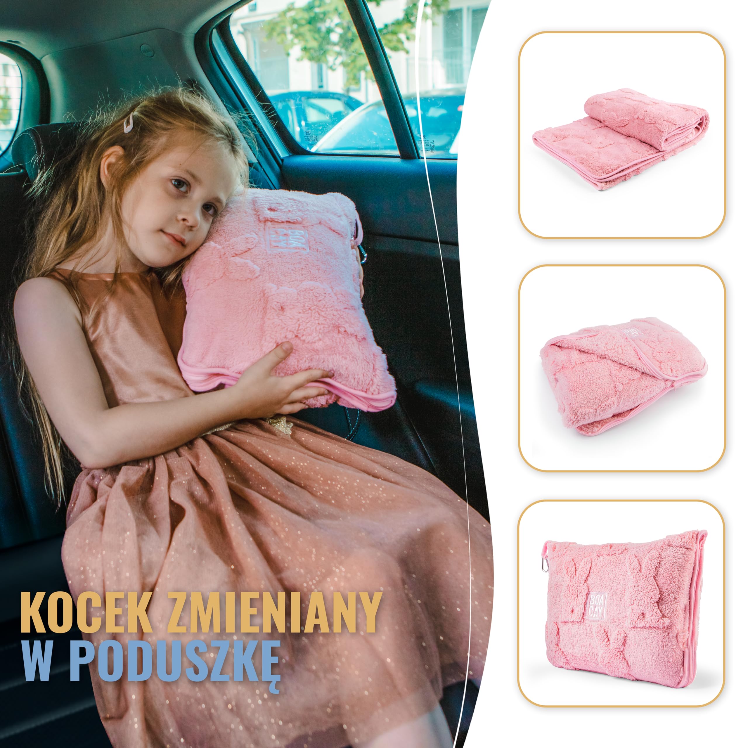 BOACAY Podróżna Kocówka Dla Maluchów do Użytku w Samolocie, Samochodzie - Miękki Koc na Rzucanie dla Dzieci na Opiekę Dziennej - Poduszka dla Dziewczynek, Chłopców z Klipem na Plecak, Rękaw na Bagaż