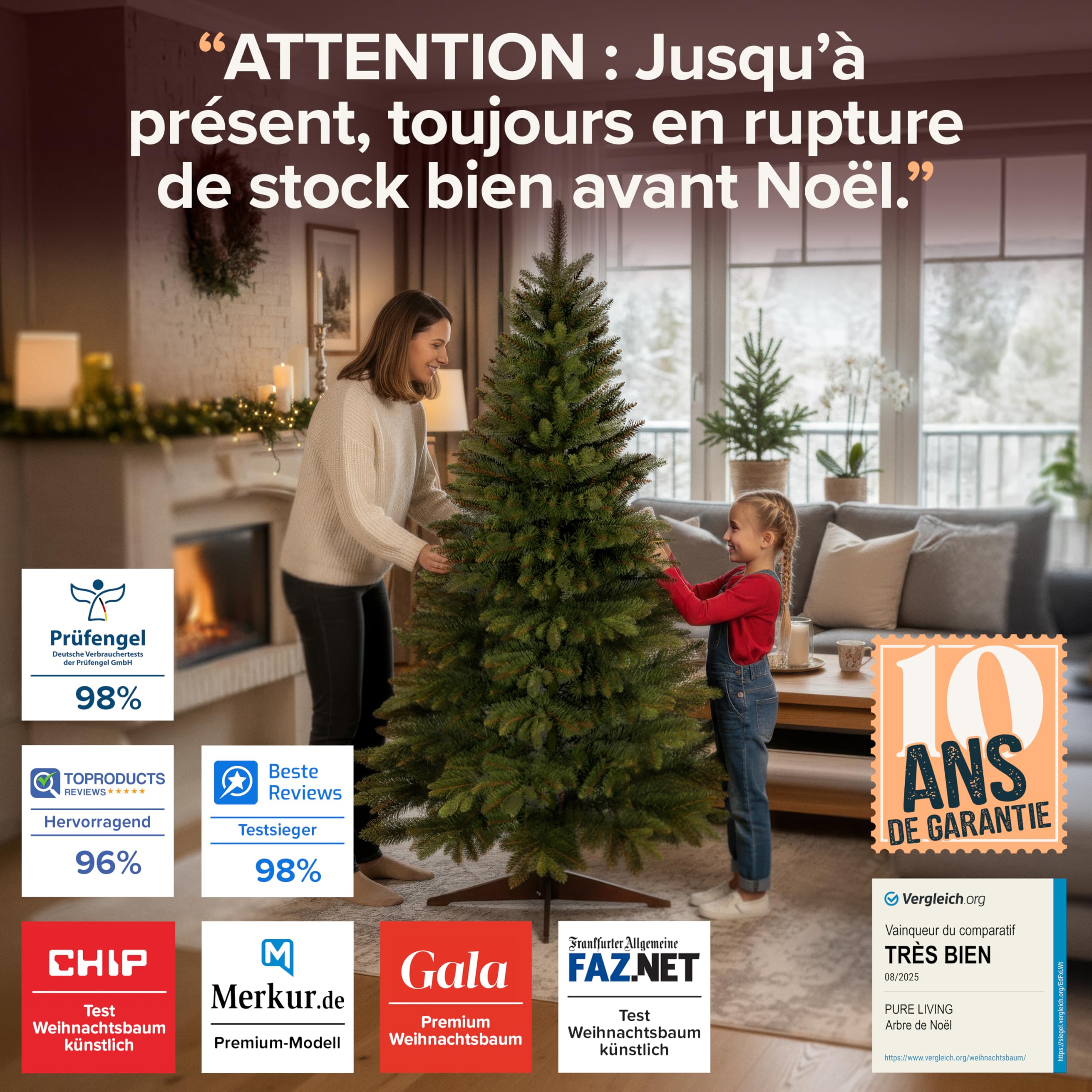 Sapin de Noël Artificiel Premium 180 cm - Gagnant du Test - Réalisme Exceptionnel, Branches épaisses, livré avec Support en Bois et Sac de Rangement – Pure Living