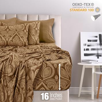 LUX Decor Paisley Full Sheet Set + 2 Queen Gusseted Pillows 6 Piece Ultra-Soft Microfiber Bed Sheets with Flat Sheet, 16 Inch Deep Pocket & 4 Pillowcases, Breathable, Oeko-TEX Brown