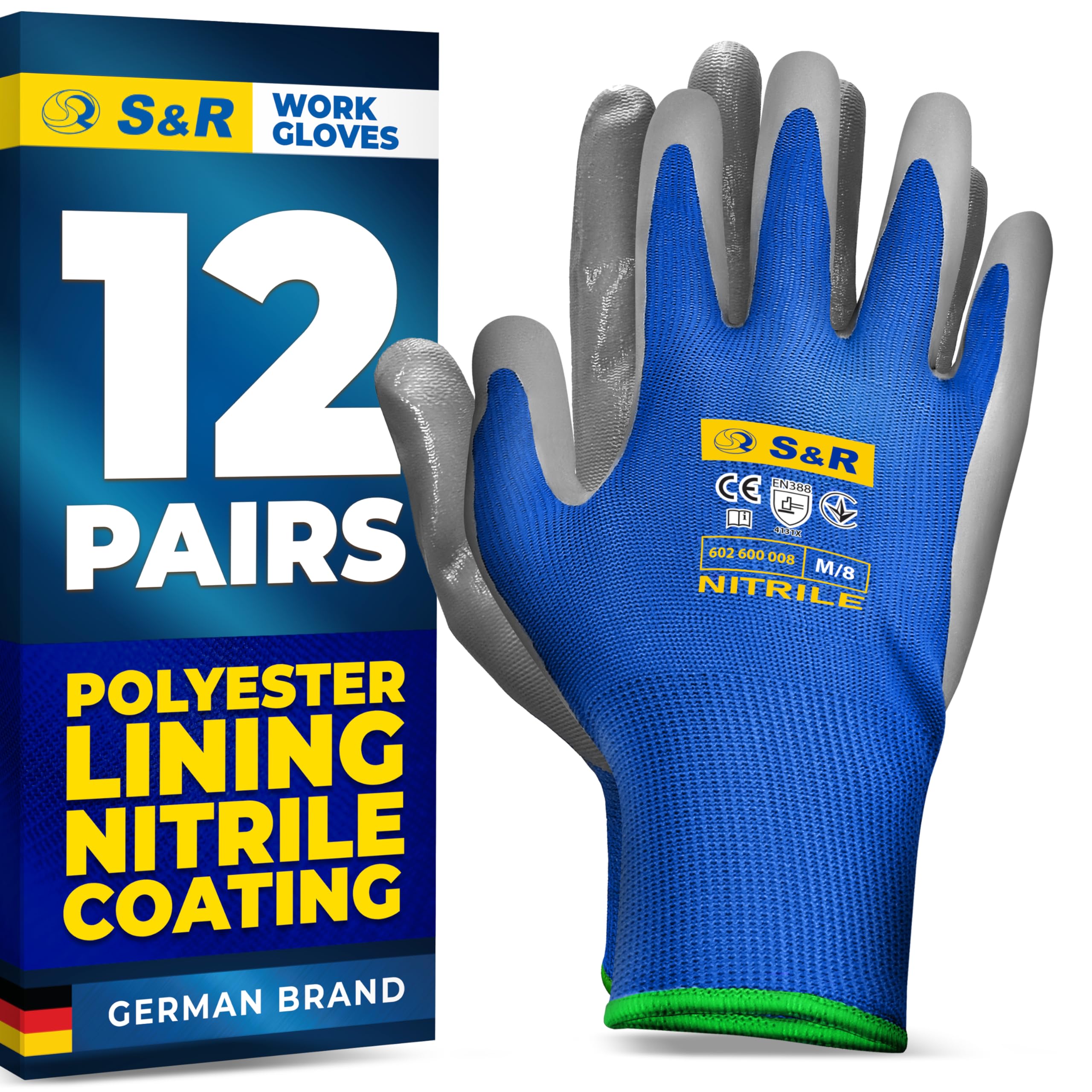S&R Protective Gloves 12 Pairs with Nitrile Coating, Non-Slip Work Gloves for Assembly, Building, Restoration (L/9)