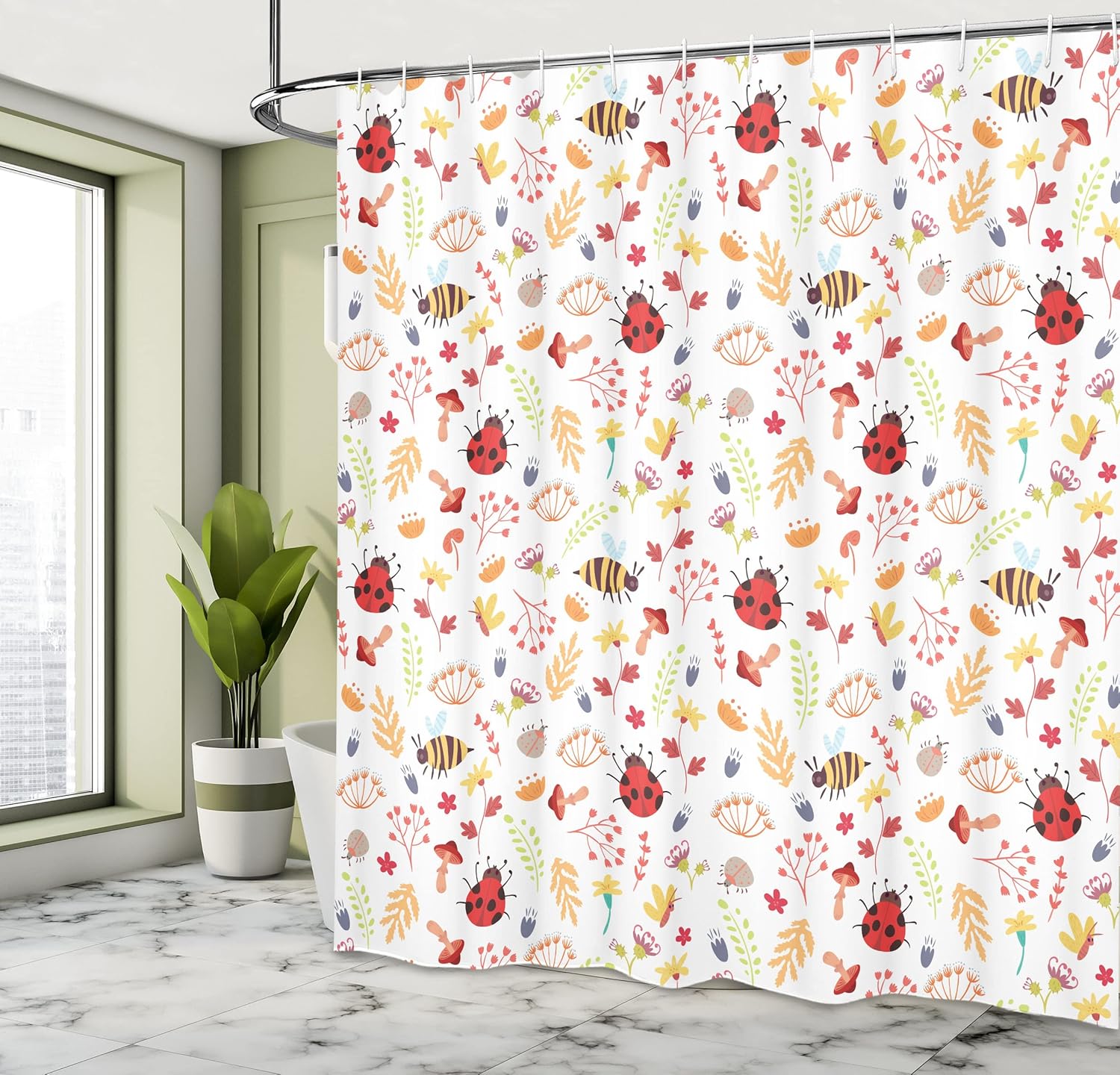 Ambesonne Bee Shower Curtain, Autumn Themed Doodle Pattern with Bugs Plants Herbs Flower Mushroom in The Forest, Cloth Fabric Bathroom Decor Set with Hooks, 69" W x 75" L, Dark Peach Vermilion