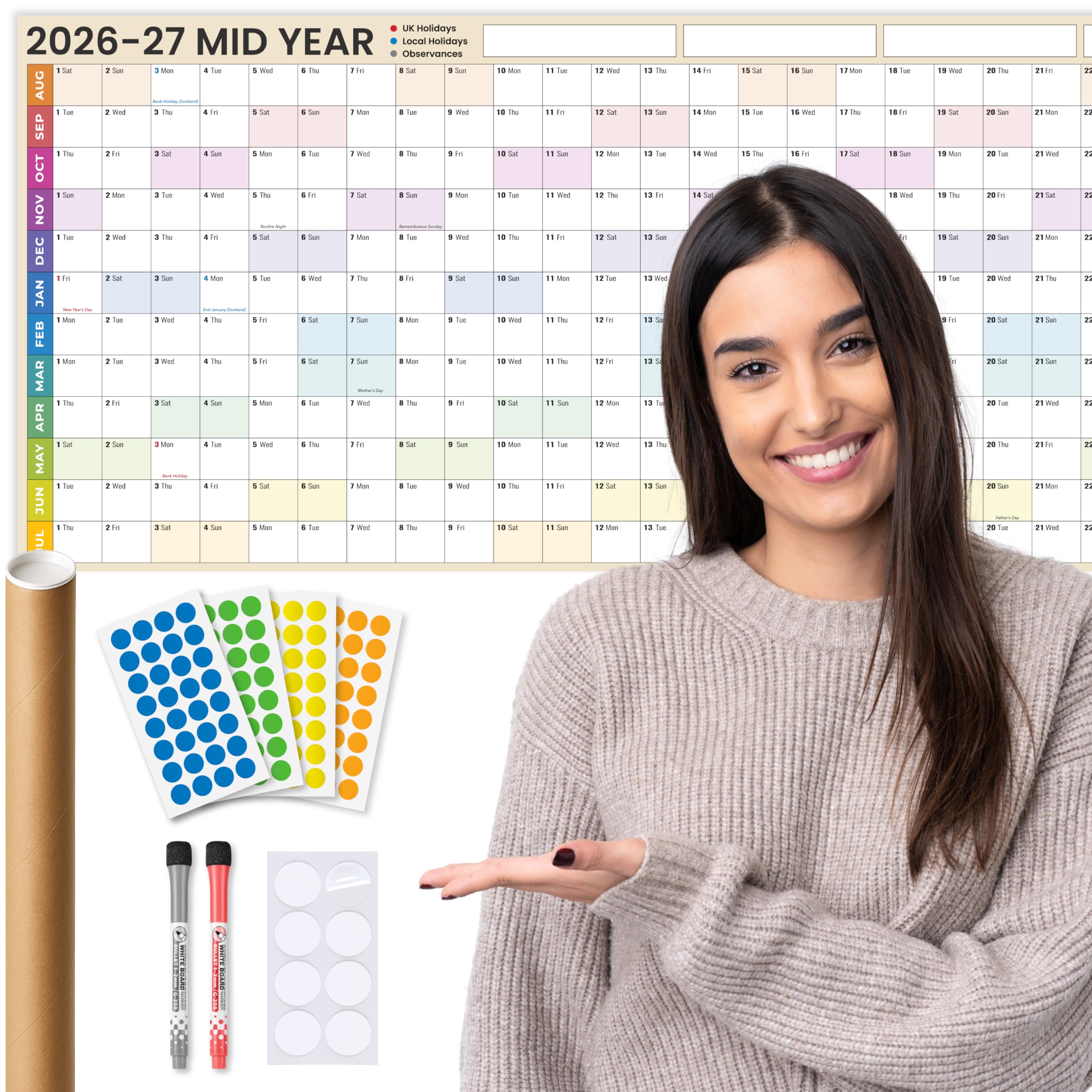 2026-2027 Academic Year Wall Planner Set 119 x 42cm UK Calendar Laminated Rolled (No Creases) Erasable Yearly Wall Chart Includes Pens Adhesive Pads & Coloured Stickers Home Office (Cream) by Planvia