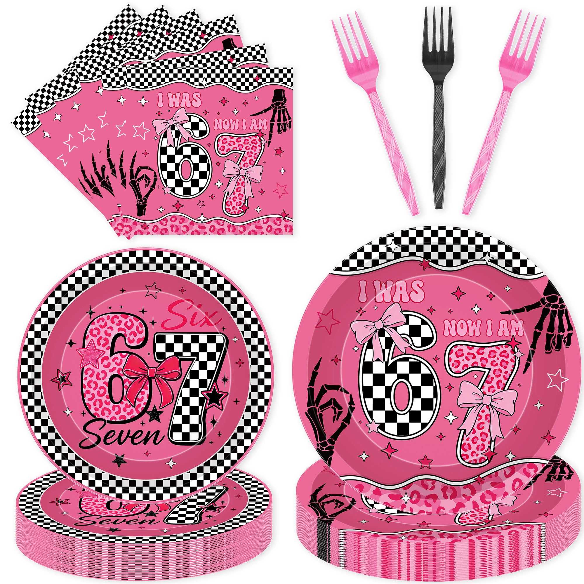 96 Pcs Pink Checkerboard Party Tableware Set