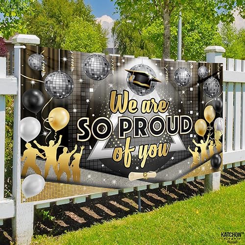 Miniatura 9 de KatchOn, Banner con texto en inglés We Are So Proud of You, grande, 72 x 44 pulgadas, pancarta de felicitaciones de discoteca, decoraciones de