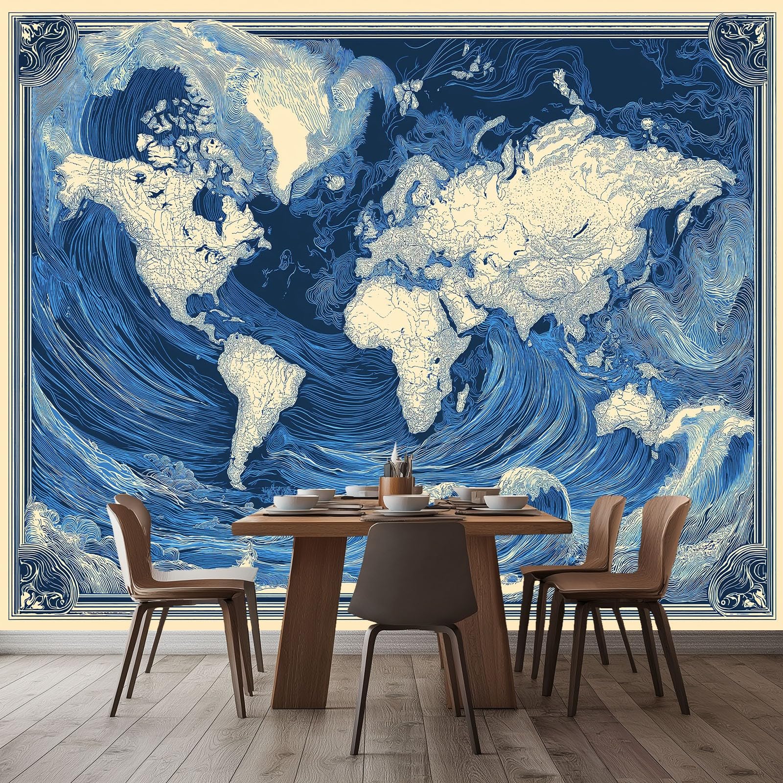 Générique Plakat retro mapa świata z falami oceanu, panoramiczna tapeta 500 x 280 cm, fototapeta z włókniny, do salonu i sypialni, kuchni, niebieski plakat obrazy ścienne