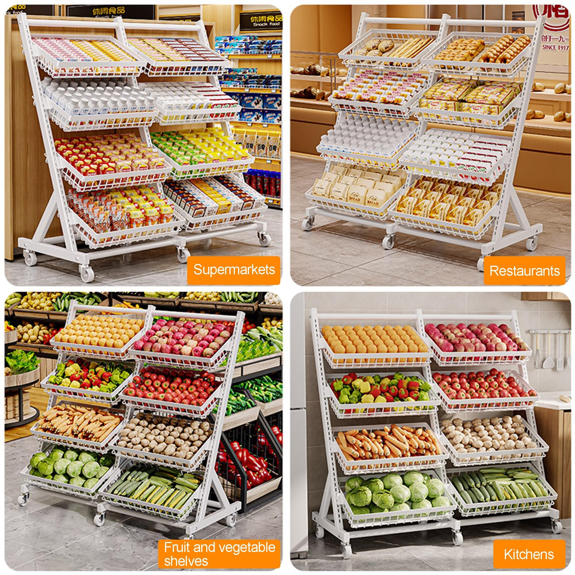 Estante Expositor para Dulces y Aperitivos - Estante de Almacenamiento de Cocina de pie con Cesta Inclinada y Clip extraíble - Carrito Organizador de Metal para Frutas y Verduras