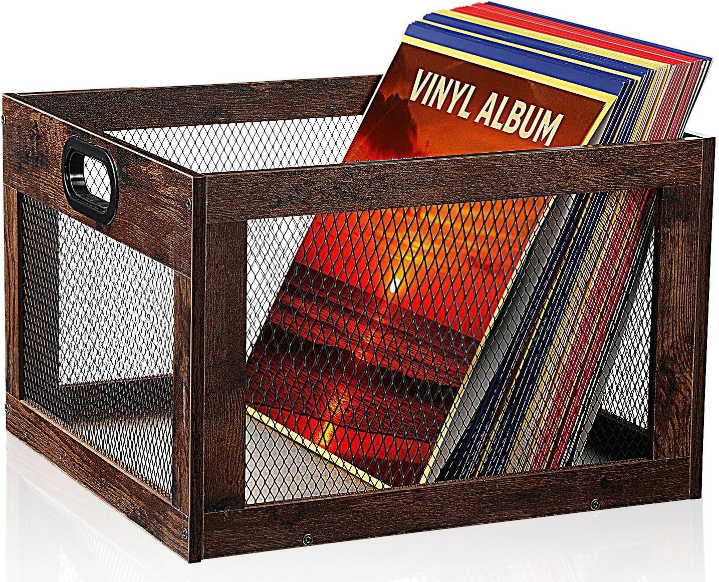 Chunful Vinyl Record Storage Crate with 100 Double-sided Opp Sleeves Wooden Record Holder Box Kit Classic Cube for Albums Easy to Assemble, Holds 12" Albums, 15.2 x 13.6 x 10 in
