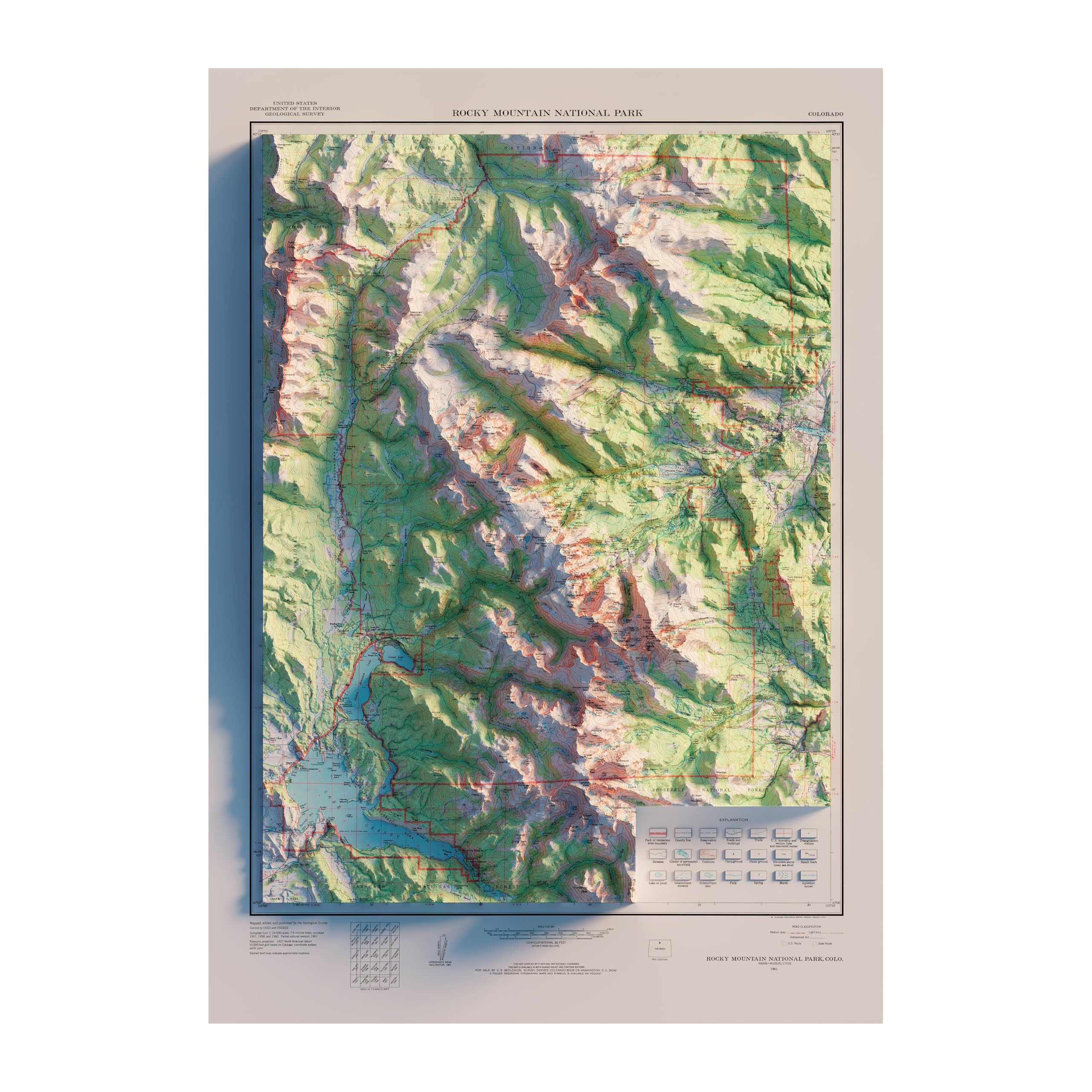Muir Way Rocky Mountain National Park 1961 Shaded Relief Map - Flat 2D Print - Shaded 3D Illusion - Gallery Quality Fine Art Paper & Inks - 100%