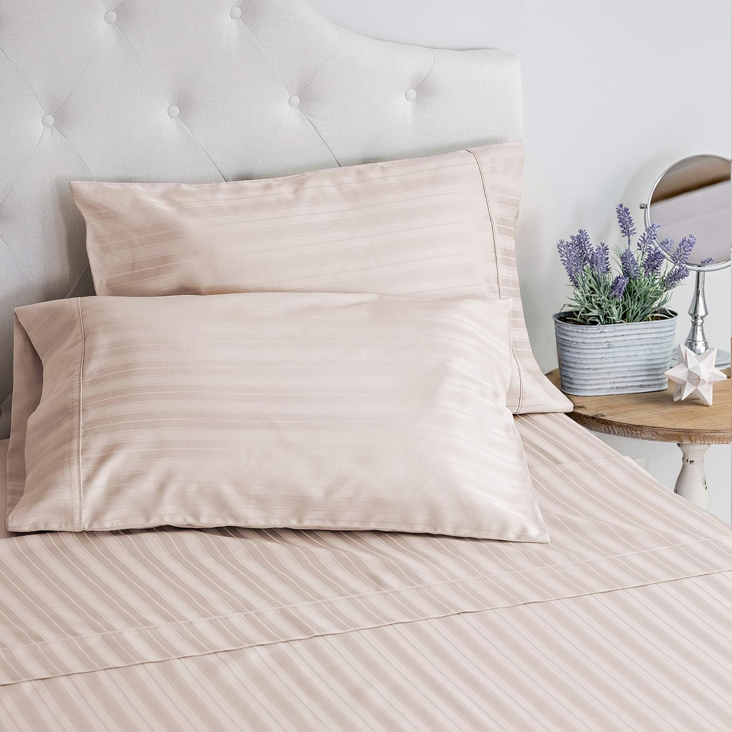 Welhome 500 Thread Count Queen Size 100% Cotton Striped Sateen Sheet - Set of 4 - Breathable - Soft - Deep Pocket - Easy Fit - Blush