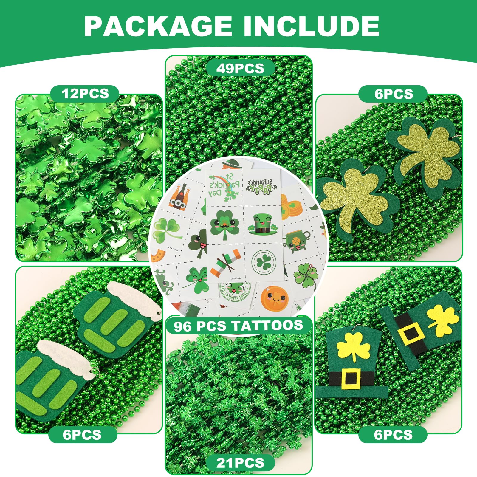 Becfupo 196Pcs St. Patrick's Day Accessories: 100 Pcs Metallic Green Beaded Necklaces & 96 Pcs Temporary Tattoo Stickers - Irish Party Favors