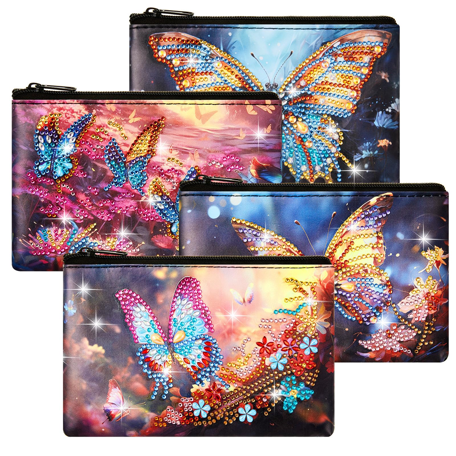 Silkfly 4 Pcs Diamond Painting Art Makeup Bags DIY Purses Toiletry 5d Handmade Double Design Diamond Painting Cosmetic Bags Bulk with Zipper