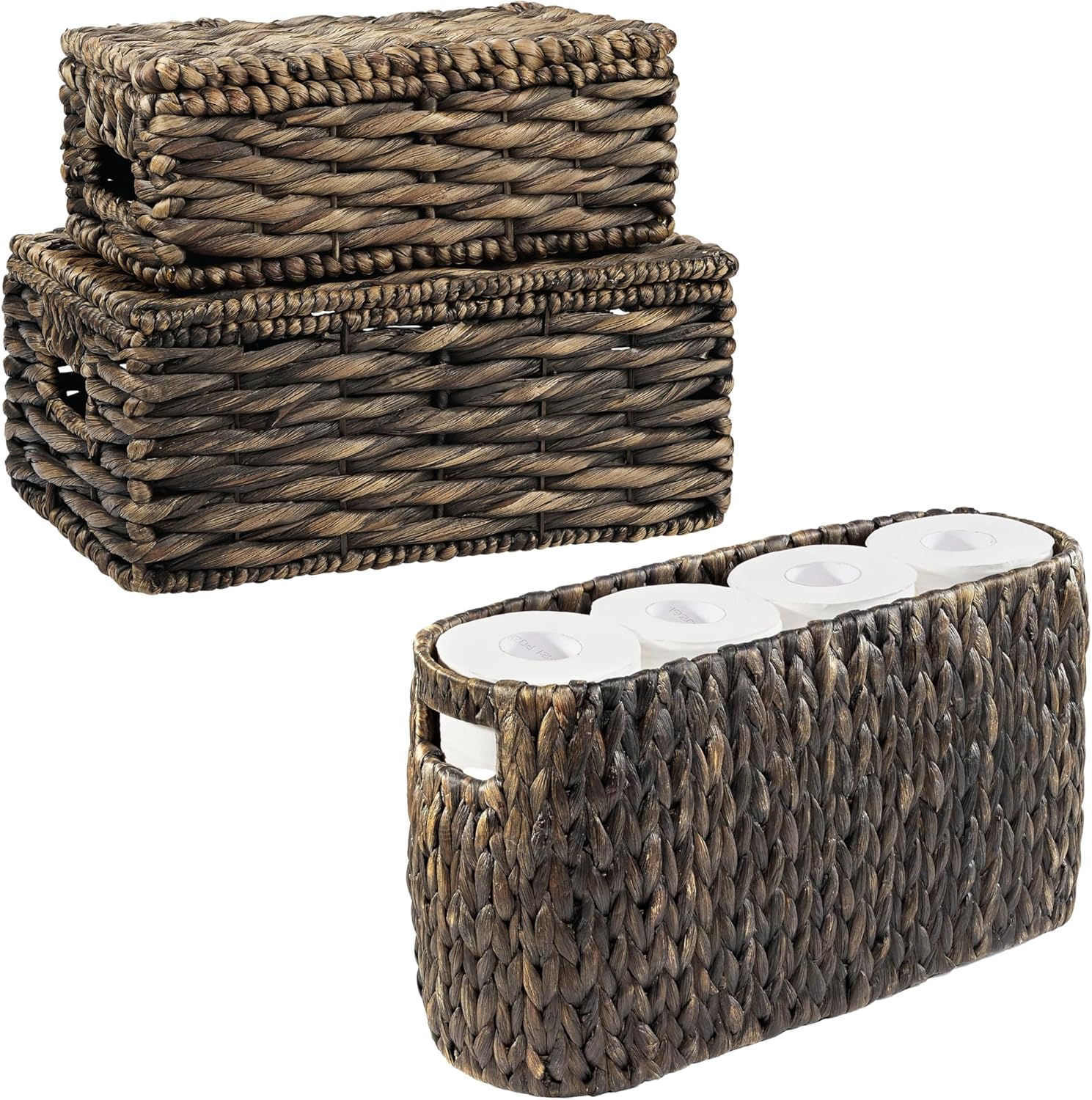 Toilet Paper Storage Basket and Set of 2 Lidded Storage Baskets, Espresso