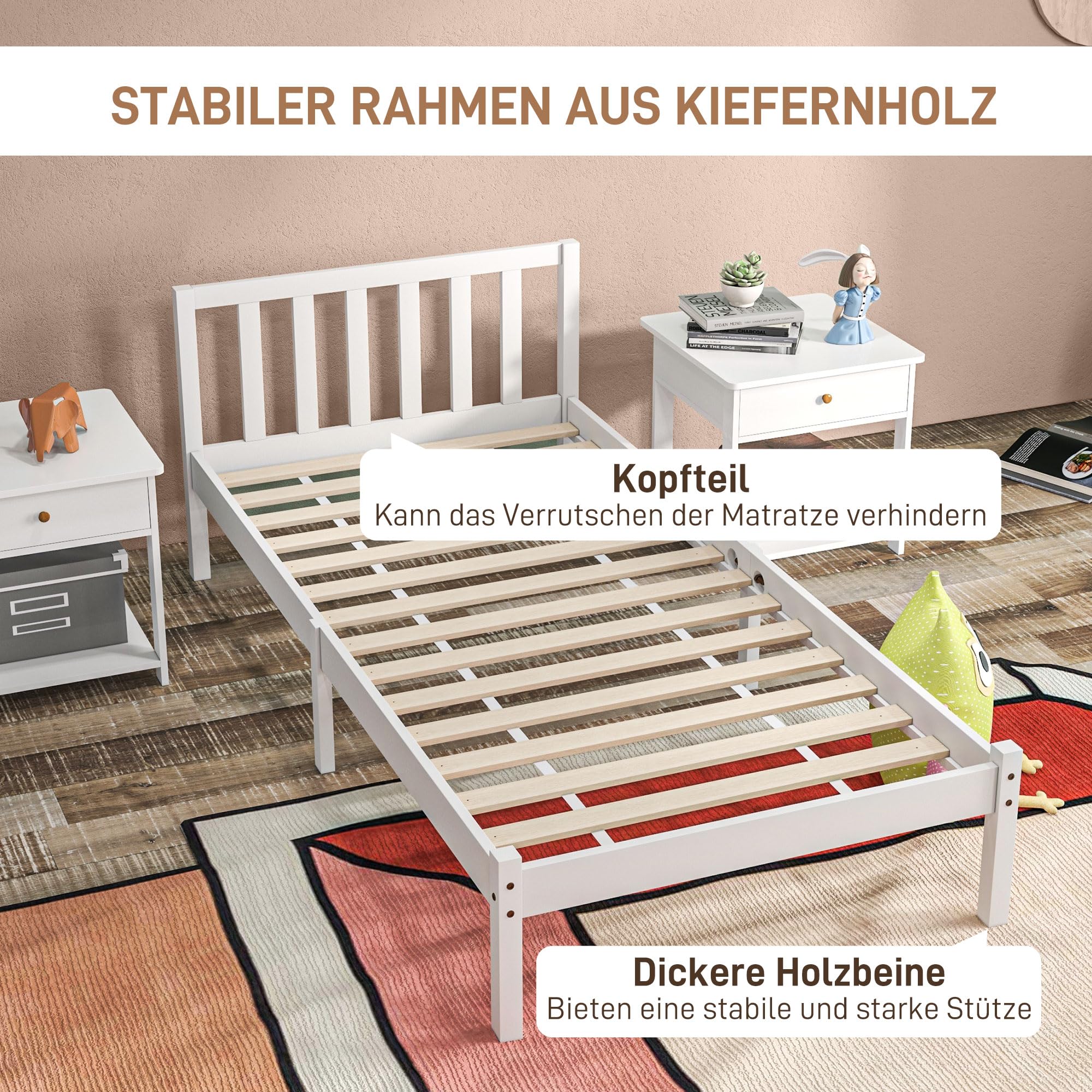HOMCOM Bettrahmen Holzbett mit Lattenrost mit Kopfteil 208 x 96 cm Weiß