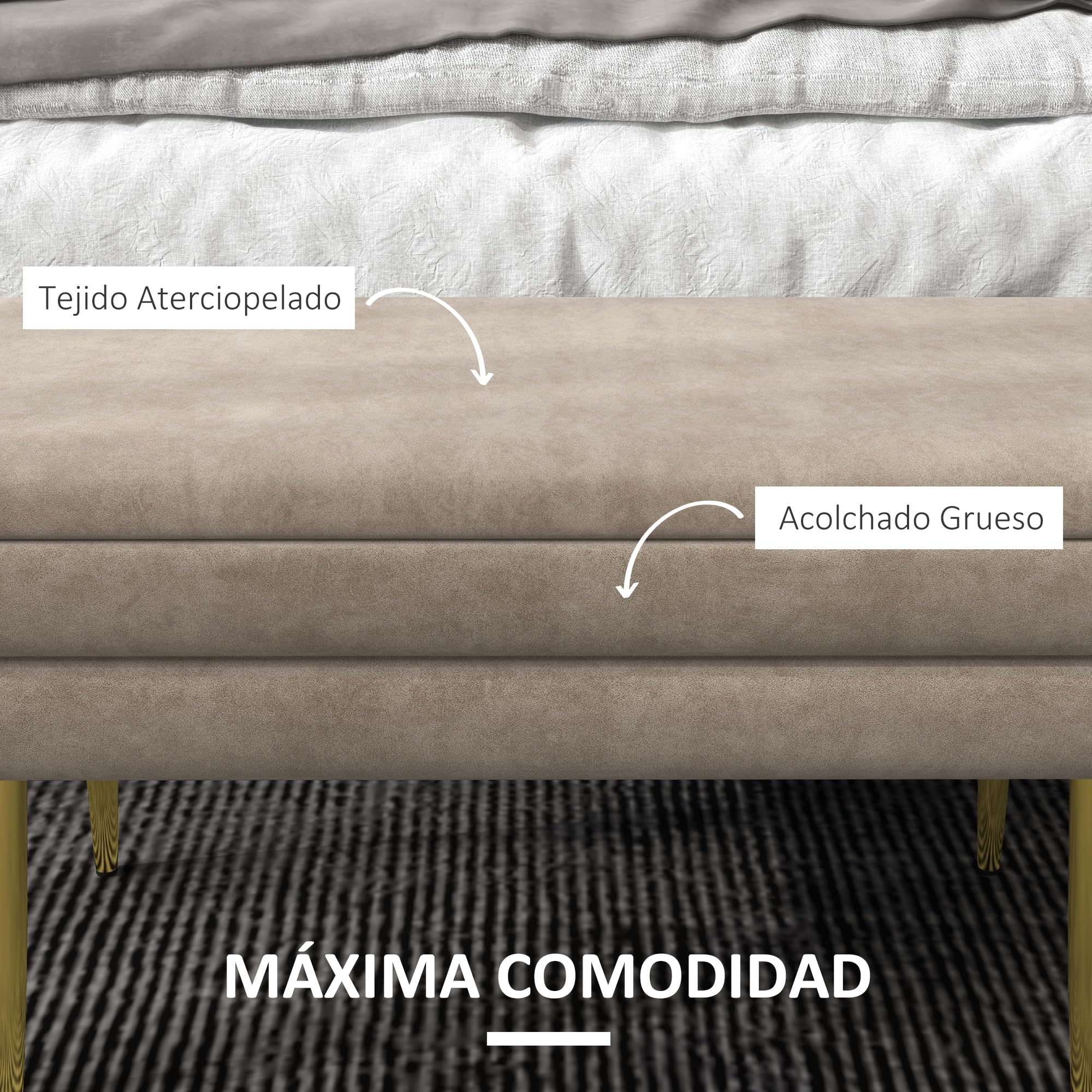 HOMCOM Puff Almacenaje 30L Banco Pie de Cama 79,5x37,5x43 cm Beige | Tapa Abatible, Patas de Acero, Tapizado en Terciopelo, Dormitorio, Salón, Entrada, Carga 120 kg