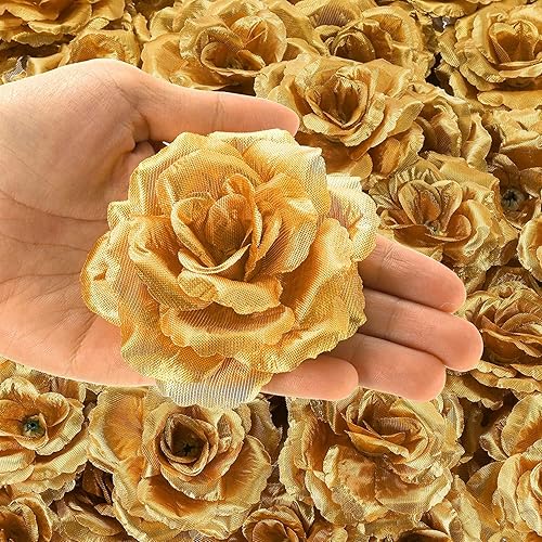 Miniatura 7 de Paquete de 50 rosas artificiales doradas para decoración, manualidades, cabezas de flores de seda sin tallo de 3 pulgadas para decoración de pared,