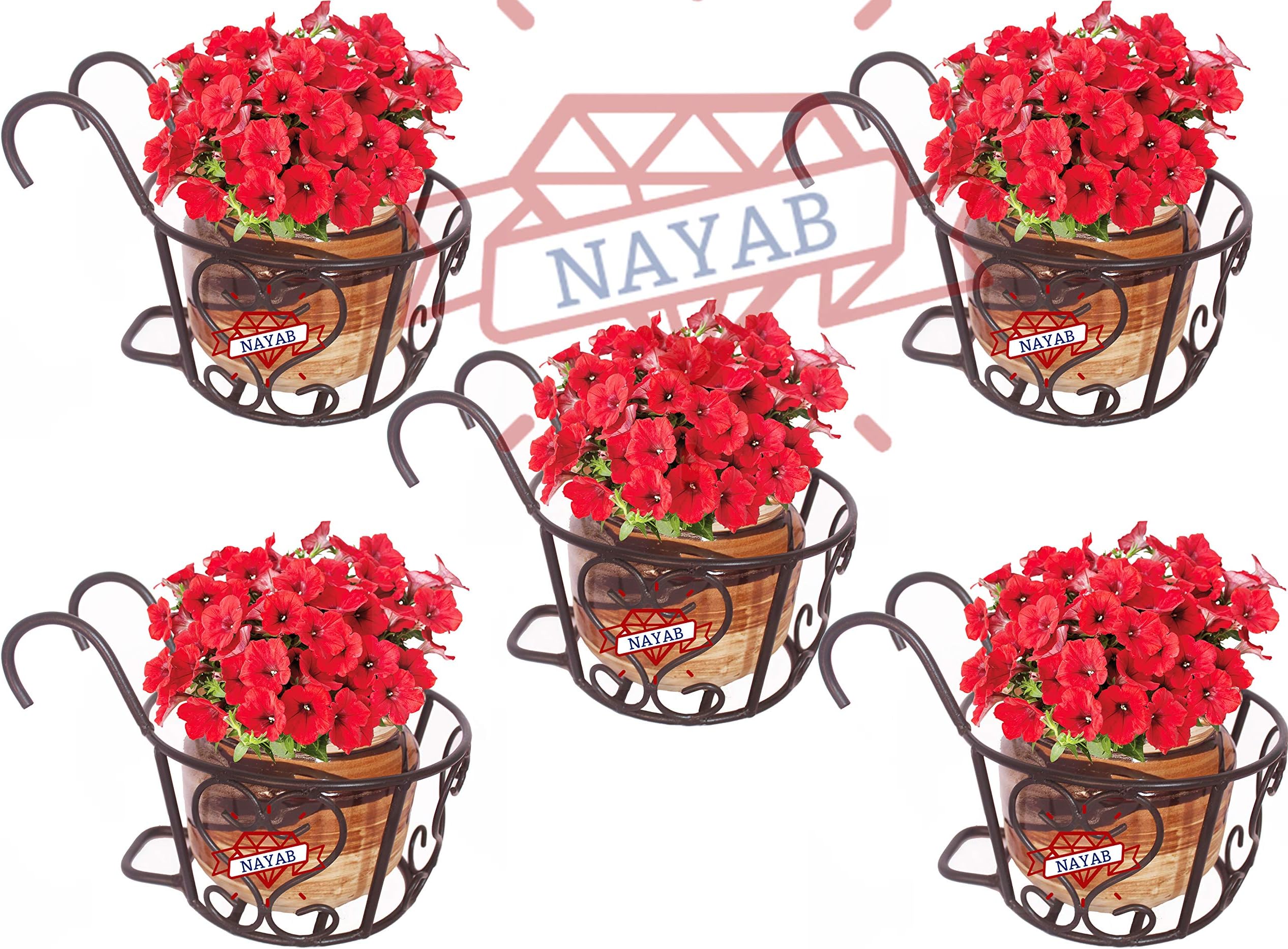 NAYAB Vintage Design Flower Pot Plant Stand Hanging Planters Basket for Railing Fence Wall Balcony Vertical Garden Home Indoor Outdoor 1 Piece (Black Medium - 5 Pcs)