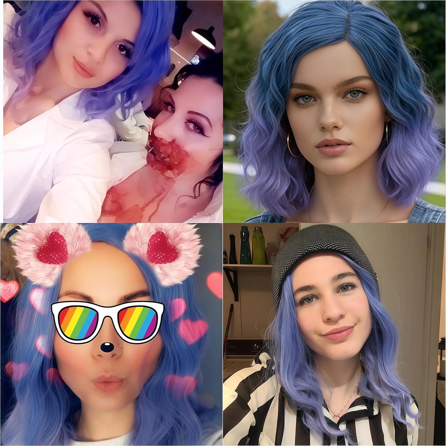 Cying Lin Short Bob Wavy Curly Wig Blue Periwinkle Ombre Wig For Women Cosplay Halloween Wigs Heat Resistant Bob Party Wig Include Wig Cap (Blue Periwinkle Ombre) - Image 2