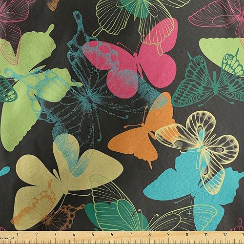 Ambesonne Butterfly Fabric by The Yard, Colorful Silhouettes and Outlines Insect Animals of The Spring Season Pattern, Decorative Satin Fabric for