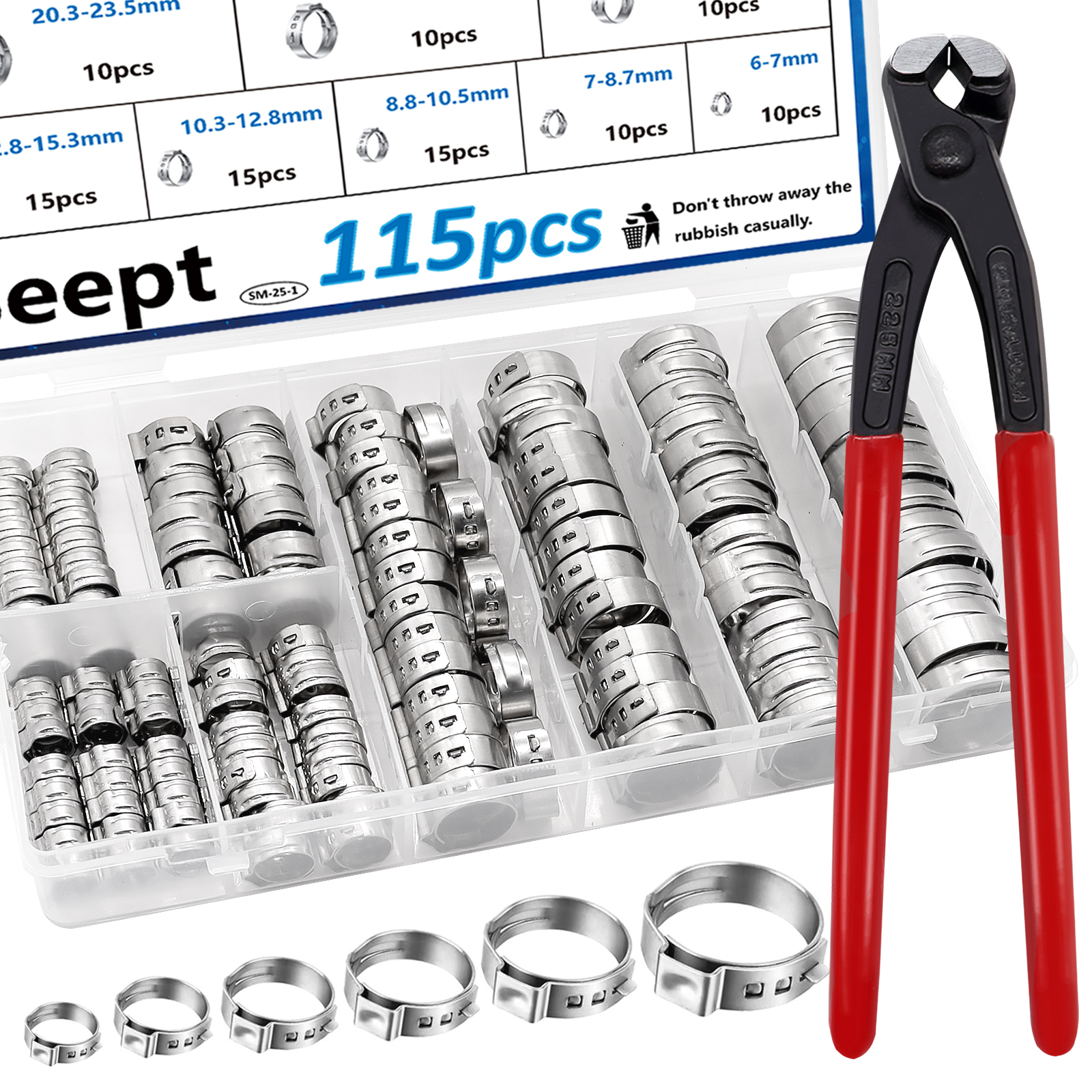 Image of 115Pcs 10-Sizes 304 Stainless Steel Single Ear Hose Clamps with Ear clamp plier 6-28.6mm Crimp Hose Clamps Assortment Kit for Auto /Home Appliance /Pipe /Fuel Line Stepless hose clamp with pincer