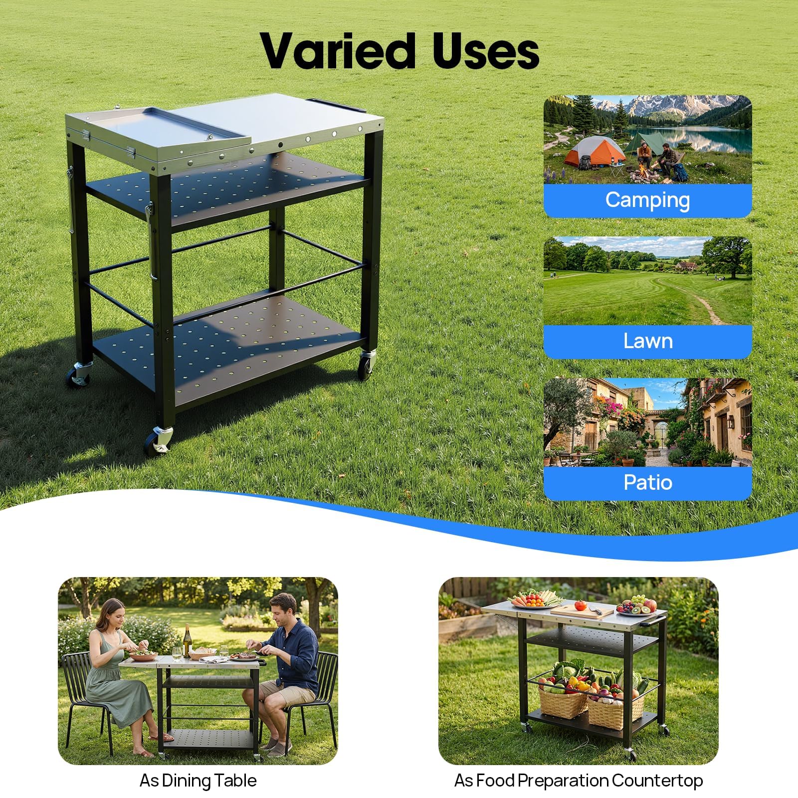 Grillwagen Edelstahl Grilltisch Outdoor Servierwagen mit 4 Ablagen und Rollen, BBQ Küchenwagen Grill Beistelltisch Garten Trolley mit Griff für Camping, Terrasse, Balkon und Küche