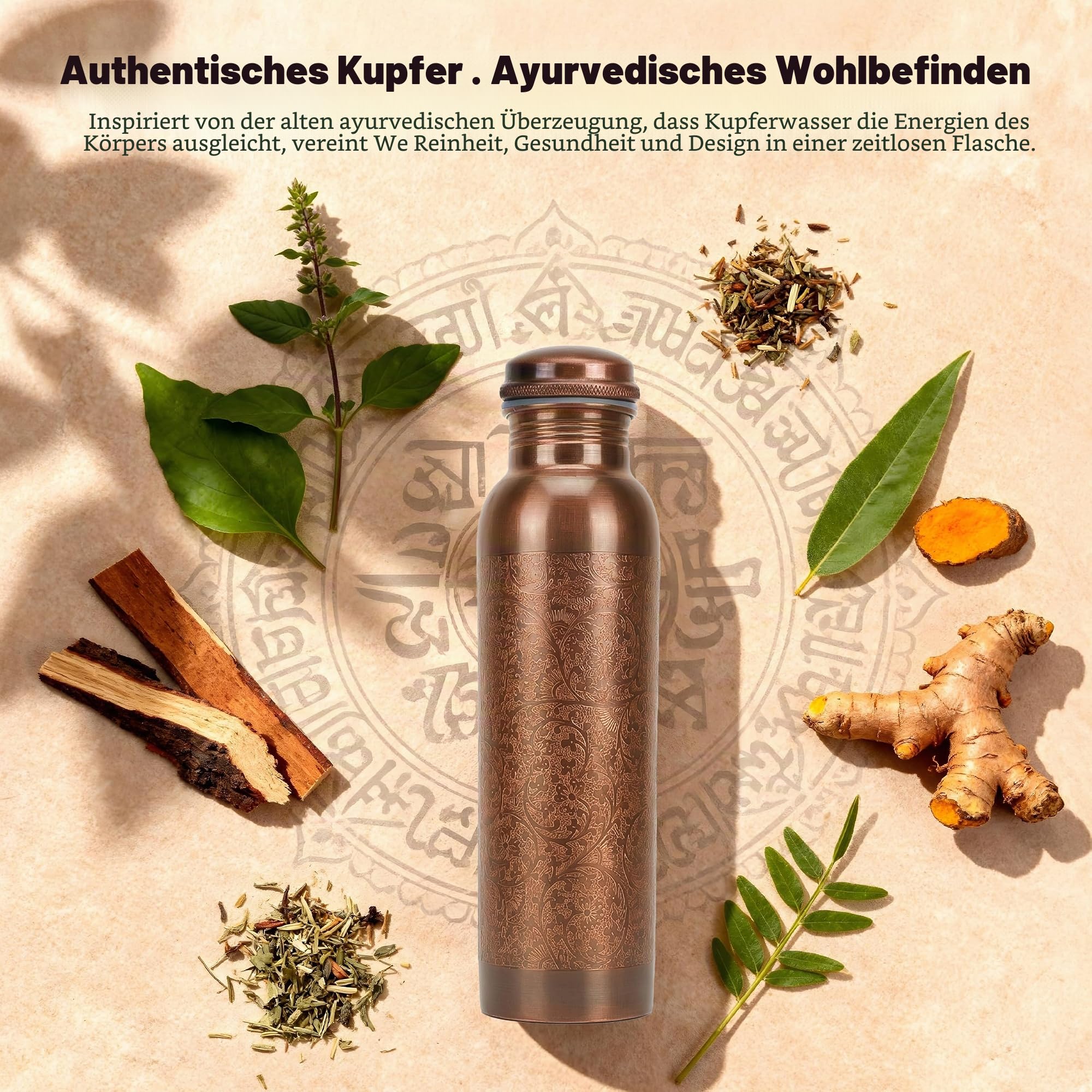 Kupferflasche mit ayurvedischen Vorteilen, auslaufsicherer Deckel, großes, handgefertigtes Kupfergefäß für Fitnessstudio, Büro und Wandern – 1000 ml – 2 Stück