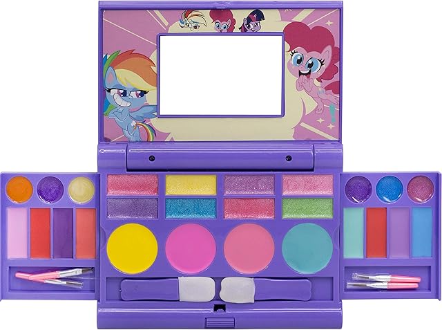Townley Girl My Little Pony Hasbro Cosmetic Compact Set with Mirror 14 Lip glosses, 4 Cheek Shimmers, 8 Eye Shimmer Portable Foldable Washable Make Up Beauty Kit Box Toy Set for Girls Kids Tweens