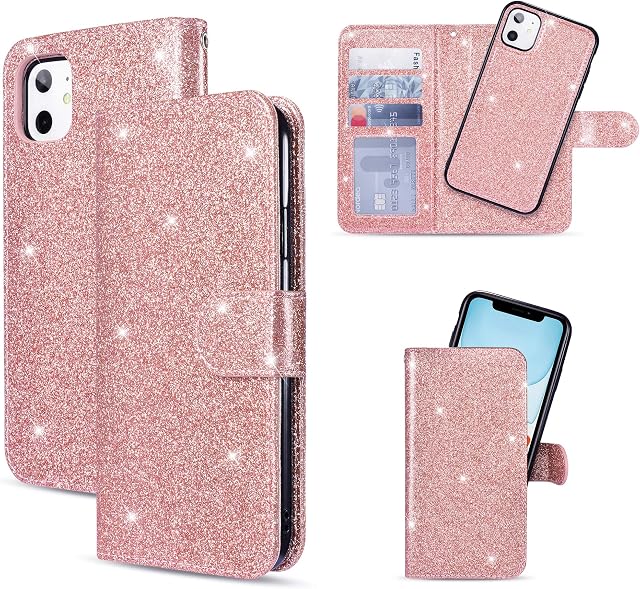 QLTYPRI Case for iPhone 11, Premium PU Leather Rubber Silicone Bumper Credit Card Holder Cash Pocket Magnetic Detachable Wallet Case Cover for iPhone 11 - Rose Gold
