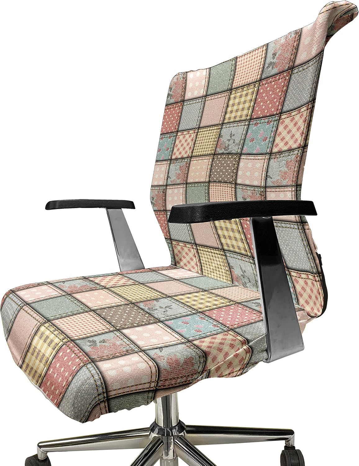 Ambesonne Shabby Flora Office Chair Cover, Vintage Style Patchwork Design Colorful and Details Vibes, Stretchable Decorative Universal Size High Back Printed Slipcover, Pale Ceil Blue Pink