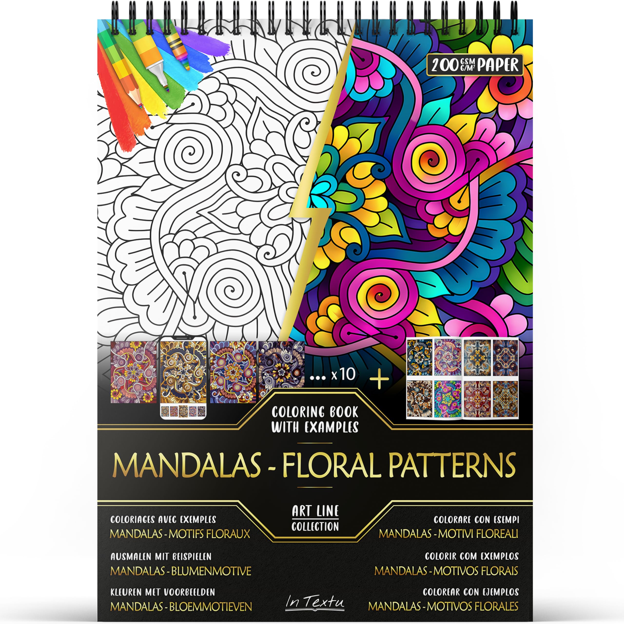 In Textu Colouring Book – Mandalas - Floral Patterns – Adult And Teen Coloring Book With Inspiring Colored Examples – Premium 200 Gsm Paper – Fine Spiral Binding – Relaxing And Creative Coloring Book