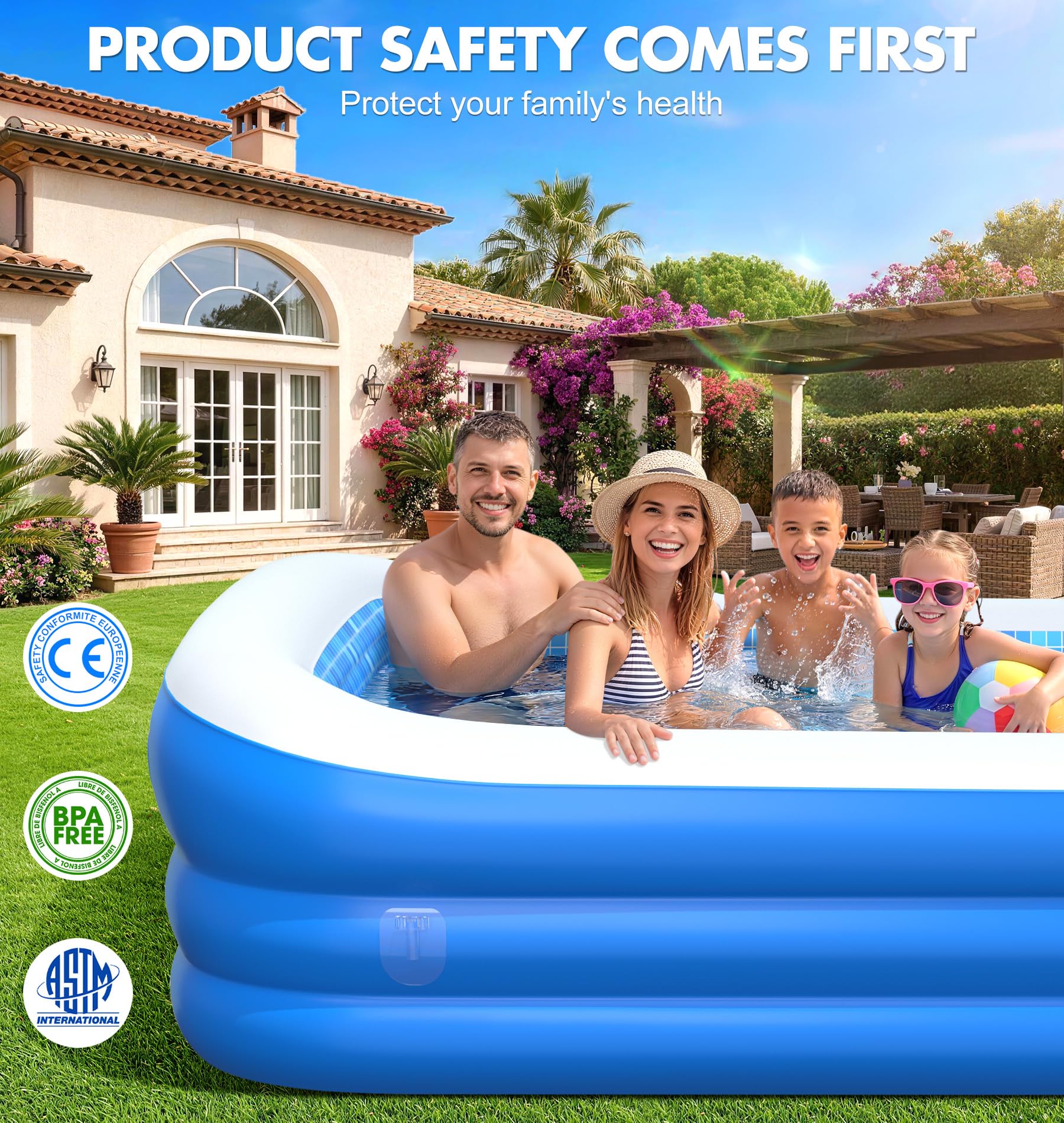 LanOcean Piscina Hinchable Adultos con Sombrilla, 280*160*50cm Piscinas Hinchables Grandes, 0,53mm Rectangular Piscina Hinchable infantil con Asiento y Portavasos, Piscinas Hinchables Familiar Jardin