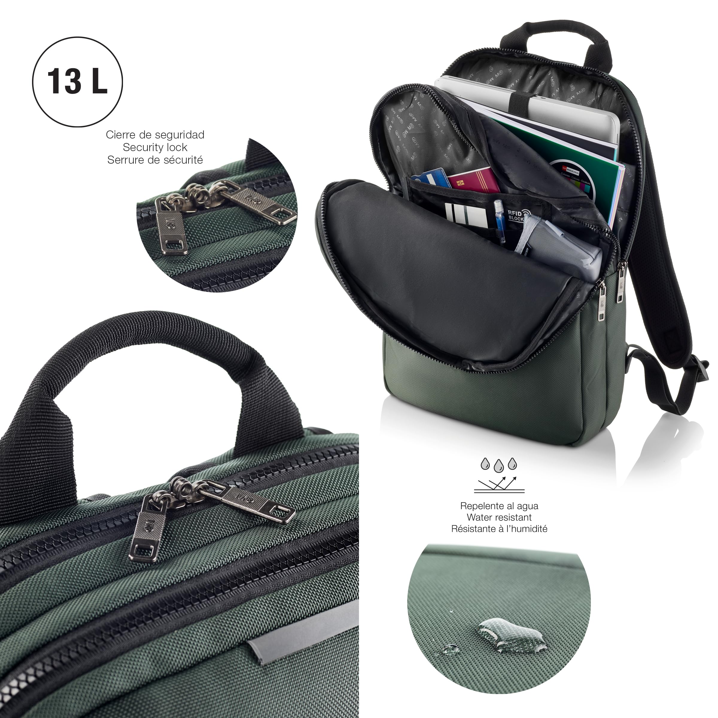 Miquelrius - Mochila ordenador de 13l, Bolsillo antirobo RFID, Detalles reflectantes, Cierre seguridad, Adaptable trolley, Mochila portátil+tablet, Repelente al agua