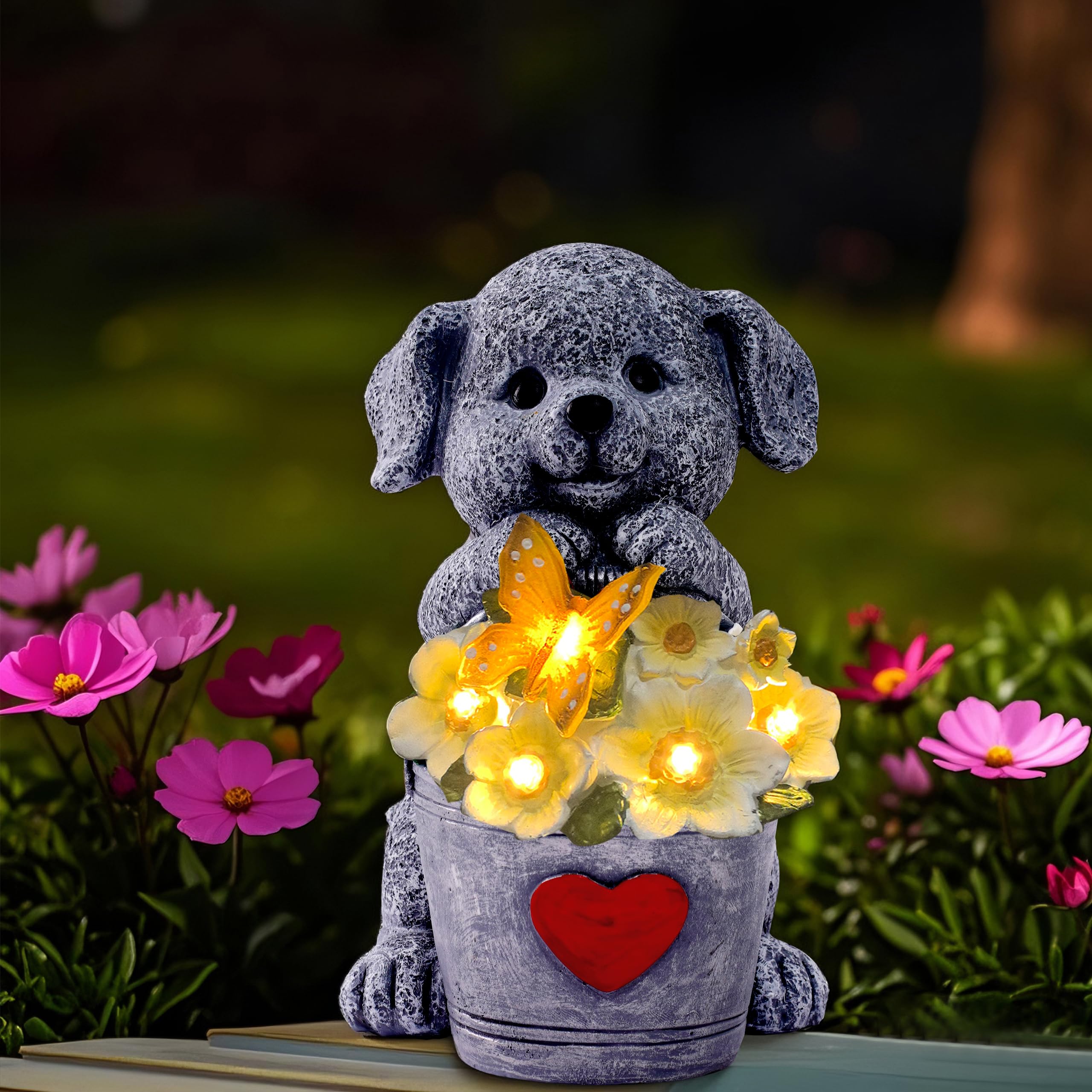 OTAVILEM Statue solari a forma di cane per decorazione da giardino, statuette di cani da esterno con secchio per cortile, patio, prato, balcone, ornamenti, regali da giardino per la festa della mamma