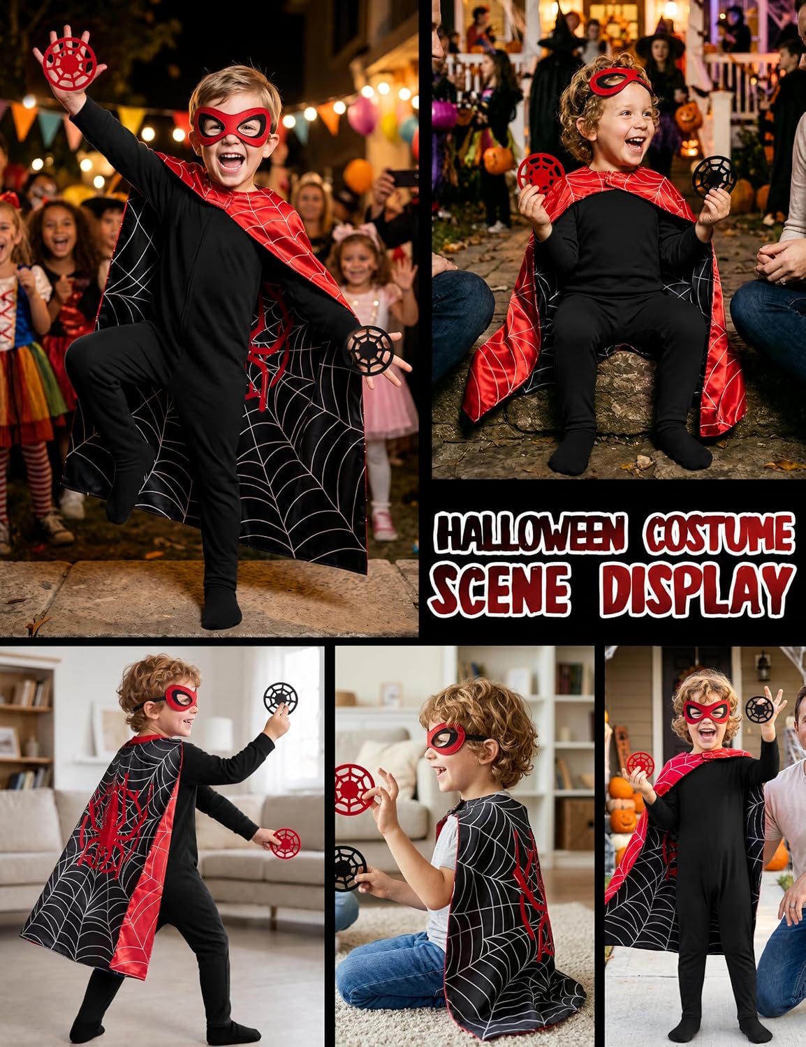 Spider Cape and Mask Halloween Costume, Super Hero Cosplay for Kids Boys