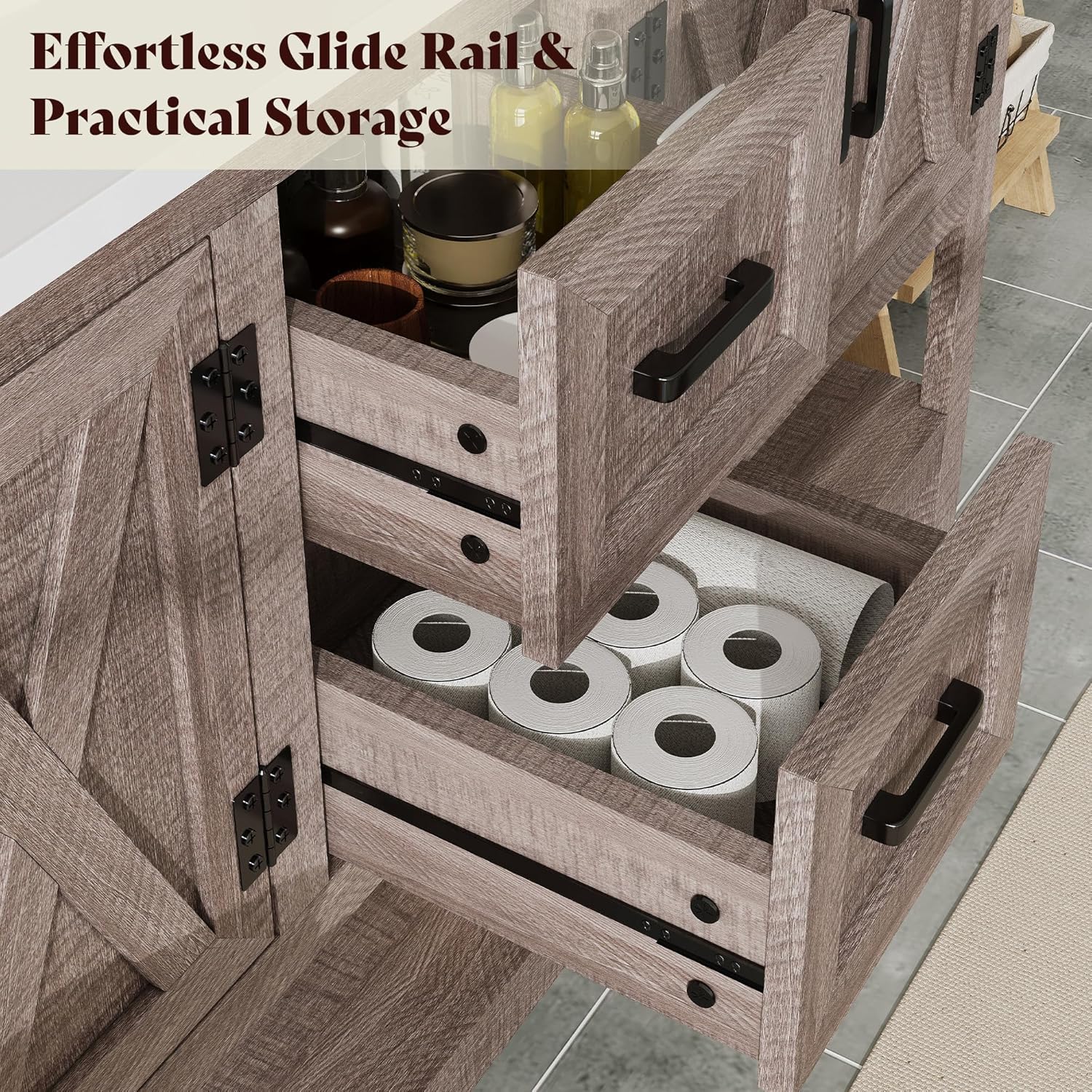 AMERLIFE 60” Farmhouse Bathroom Vanity with Double Sink, Freestanding Cabinet with 2 Drawers, 4 Barn Doors & Open Shelf, Rustic Storage for Master or Family Bathroom, Light Gray