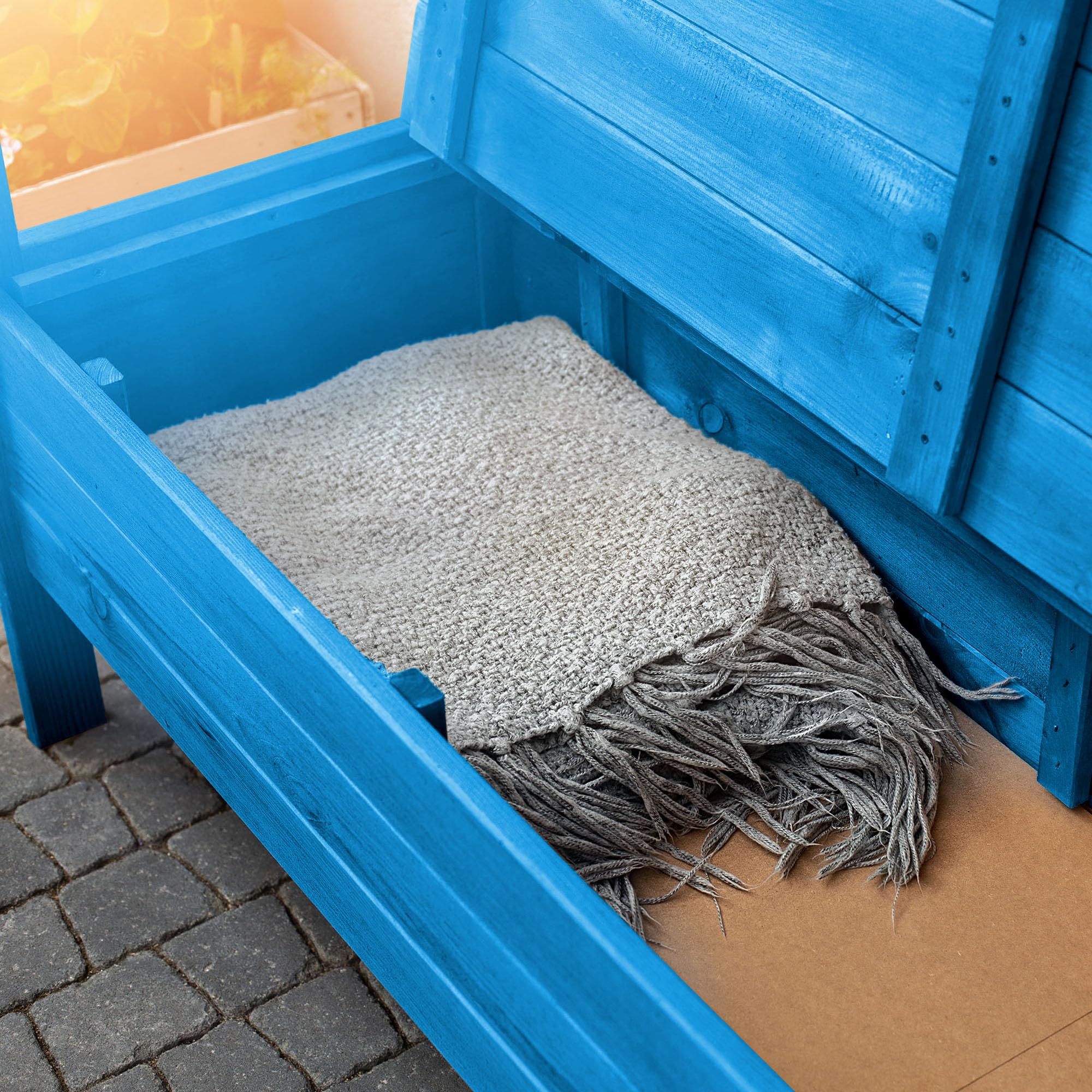 KADAX Panchina da giardino, 119 x 43 x 75 cm, cassapanca in legno con vano portaoggetti e schienale, resistente alle intemperie, per giardino, balcone (Blu)