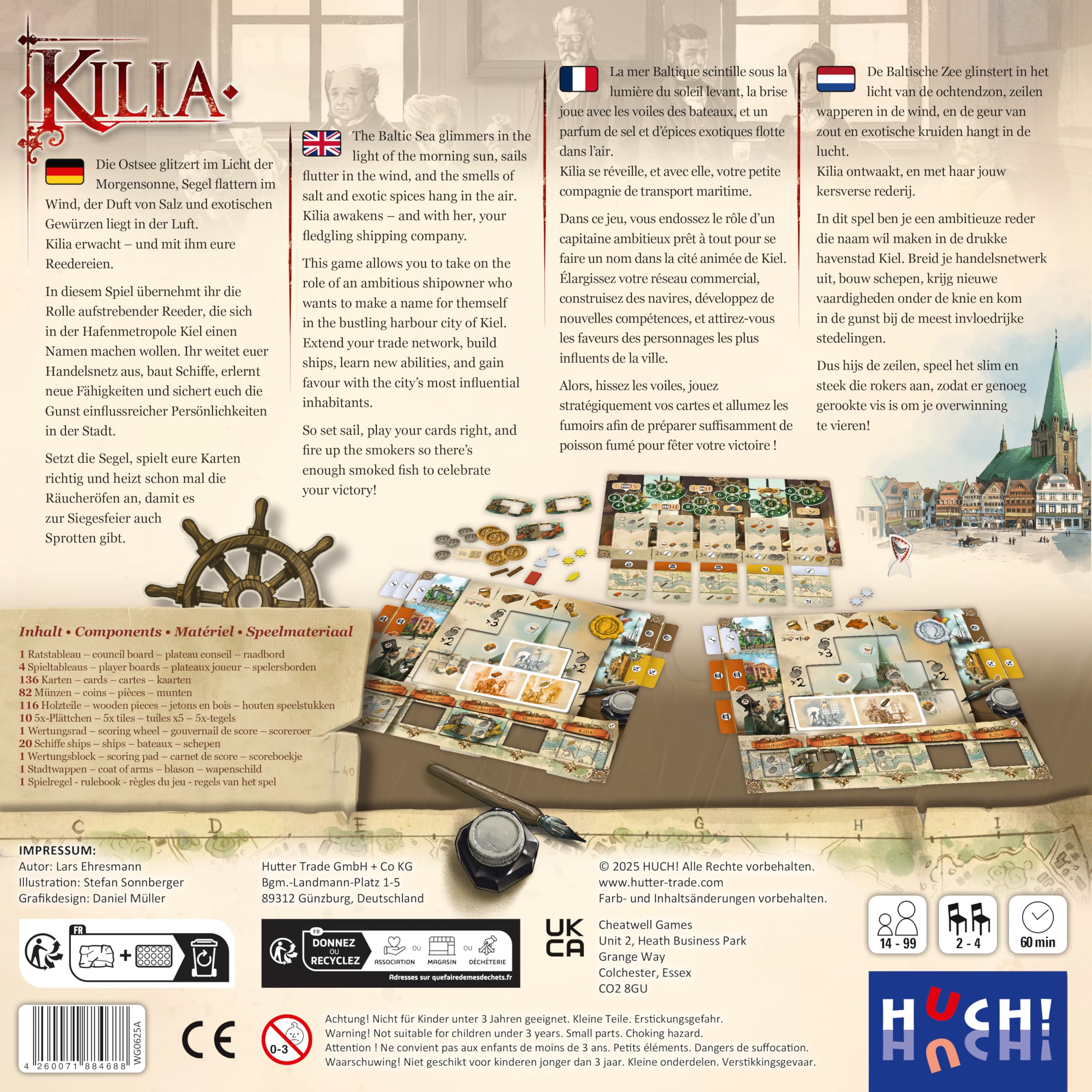 HUCH!, Kilia, historisches Strategiespiel, Aufbauspiel um Handel und Schifffahrt, für Kenner und Einsteiger, Für 2–4 Spieler ab 14 Jahren