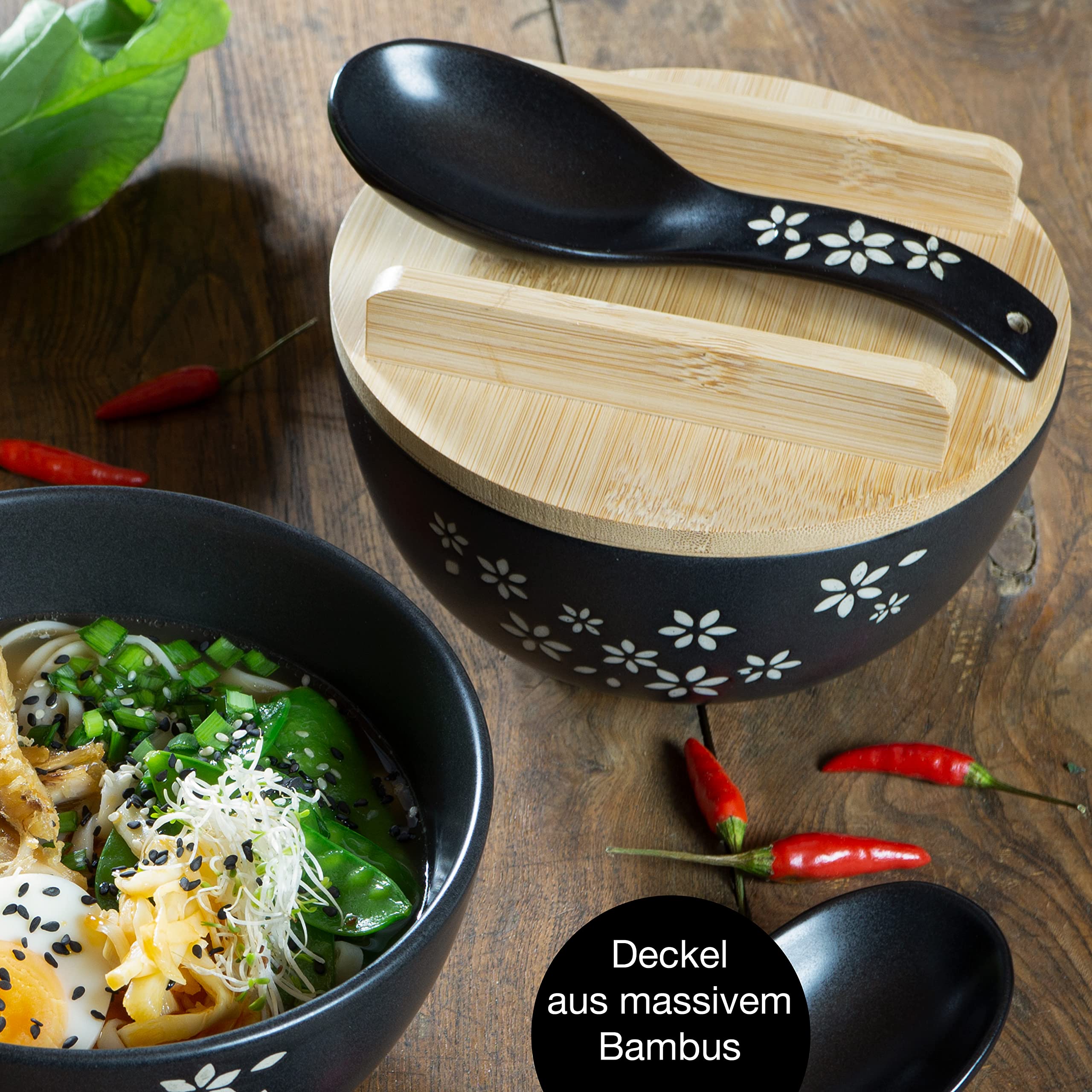 Moritz & Moritz 3x Ramen Schüssel Keramik - 600 ml - 15 cm Ø - Schwarzes Ramen Bowl Set für 3 Personen - Für Suppe, Pho und Sushi Bowl - Inkl. Stäbchen, Deckel und Löffel