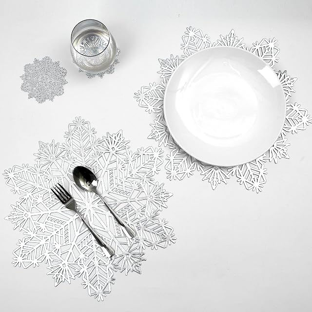 Christmas Snowflake Placemats Set of 6 Silver Laminated Metallic Vinyl Round 15 inch Diameter Festival Table Decorations For Holiday Party Feast Come With Matching Coaster By Snowkingdom (Silver, 6)