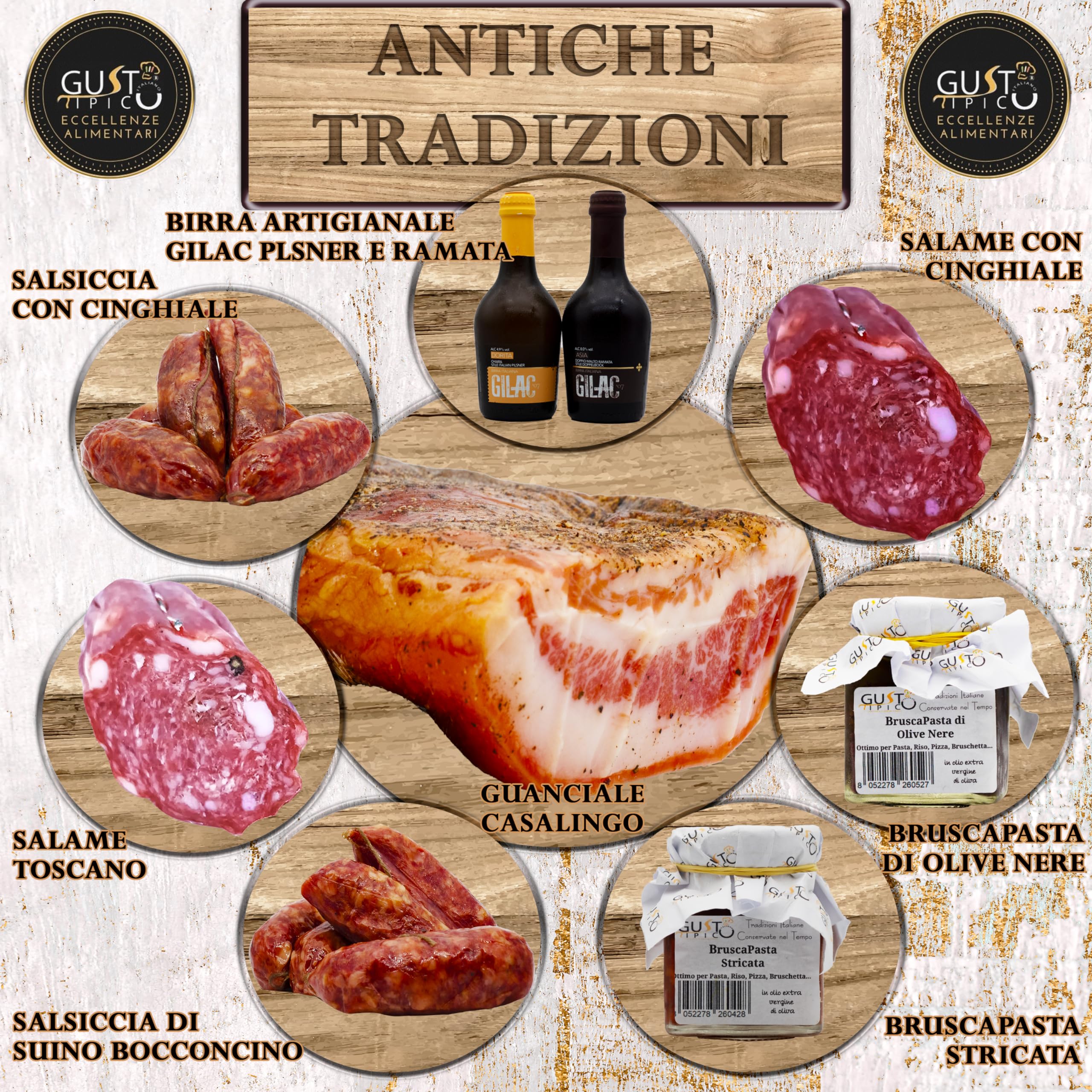 GUSTO TIPICO ITALIANO Cesta Natale 2024 | Cesto Gastronomico Natalizio Salumi Italiani Artigianali con Guanciale, Salame Toscano di Maiale e Cinghiale, Birra Gilac, Salsicce, Bruscapasta