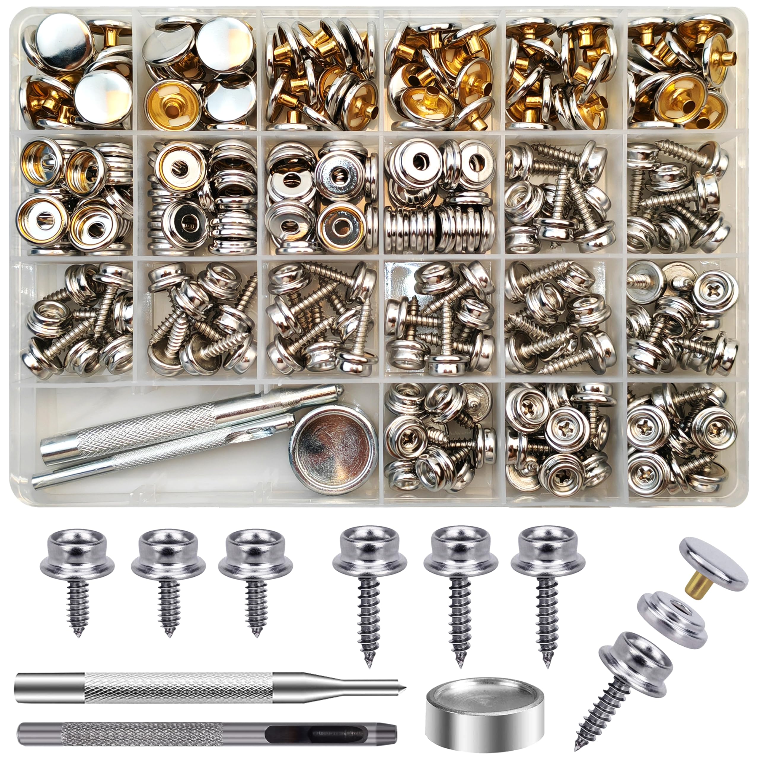 90 Set Druckknöpfe zum Schrauben, 15mm/10mm Edelstahl Druckknopf Schraubbar mit Fixierwerkzeug Kit für Planen, Schiffe, Möbel, Segeltuch, Autozelte (Silber, 15mm/10mm)
