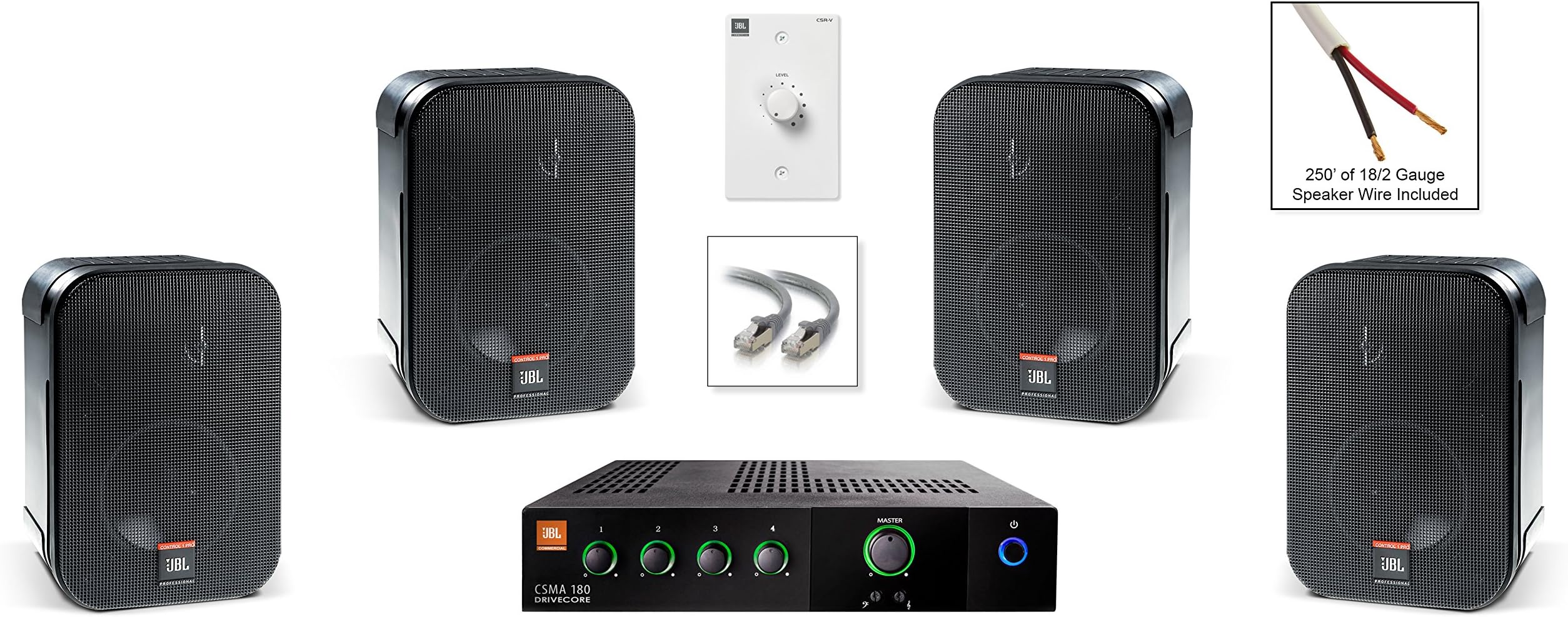 JBL CSS-1S/T Compact Two-Way Surface-Mount Loudspeaker Bundle with JBL CSMA 180 Mixer Amplifier and Accessories - Restaurant Sound System (4 Speakers, Black)